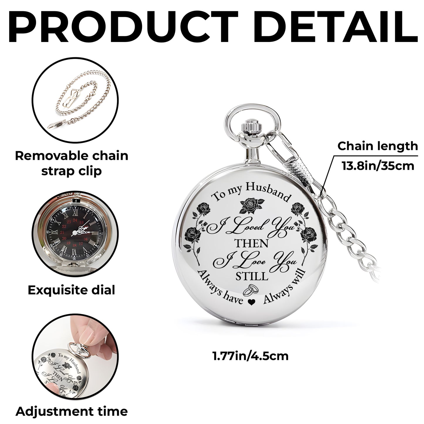 À mon mari, je t'aimais alors, roses et cœurs - Montre de poche plaquée argent personnalisée - HSB045_SWATCH