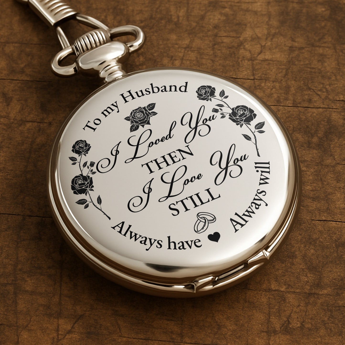 À mon mari, je t'aimais alors, roses et cœurs - Montre de poche plaquée argent personnalisée - HSB045_SWATCH