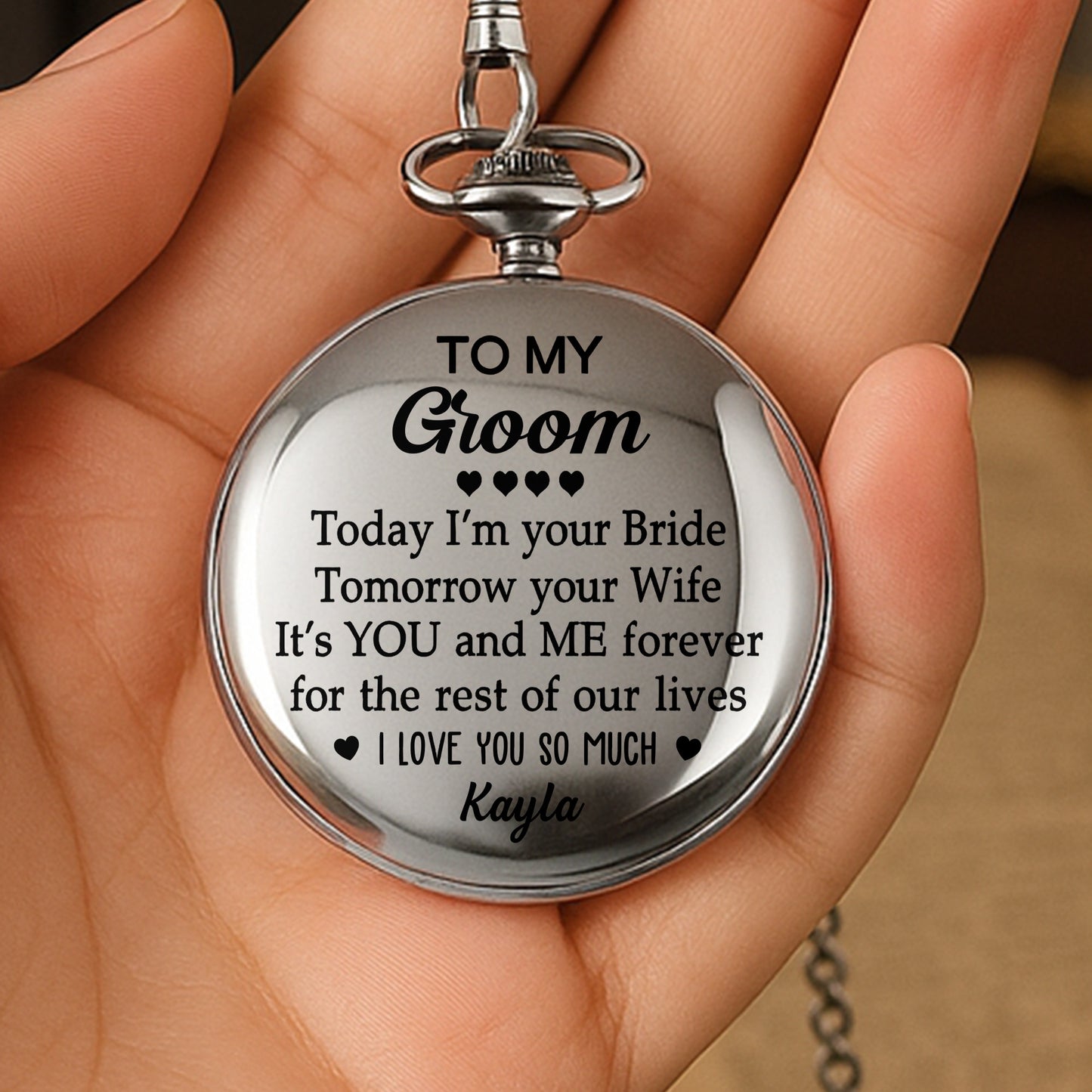 To My Groom Today I'm Your Bride With Hearts - Personalized Silver Plated Pocket Watch - HSB051_SWATCH