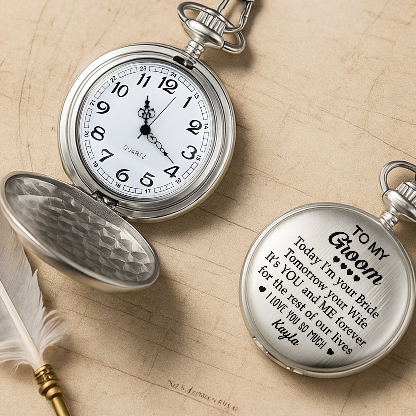 To My Groom Today I'm Your Bride With Hearts - Personalized Silver Plated Pocket Watch - HSB051_SWATCH