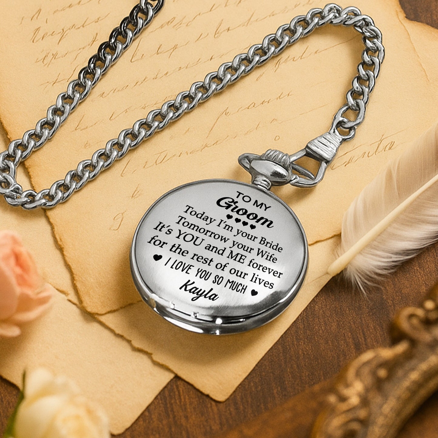 To My Groom Today I'm Your Bride With Hearts - Personalized Silver Plated Pocket Watch - HSB051_SWATCH