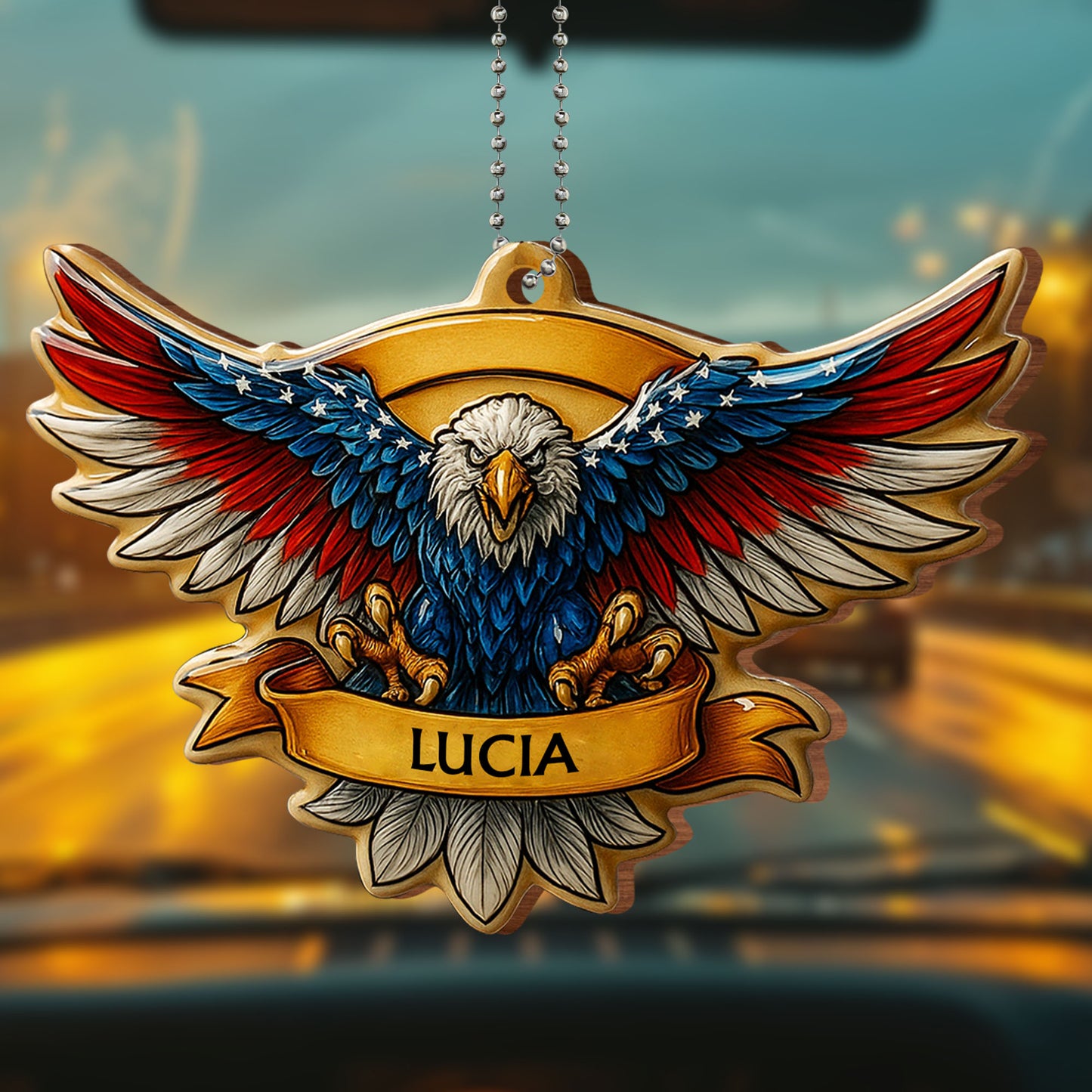 United States Bald Eagle With Flag Wings - Personalized Custom Wood Ornament, Car Hanging Ornament - INDE002_WCA