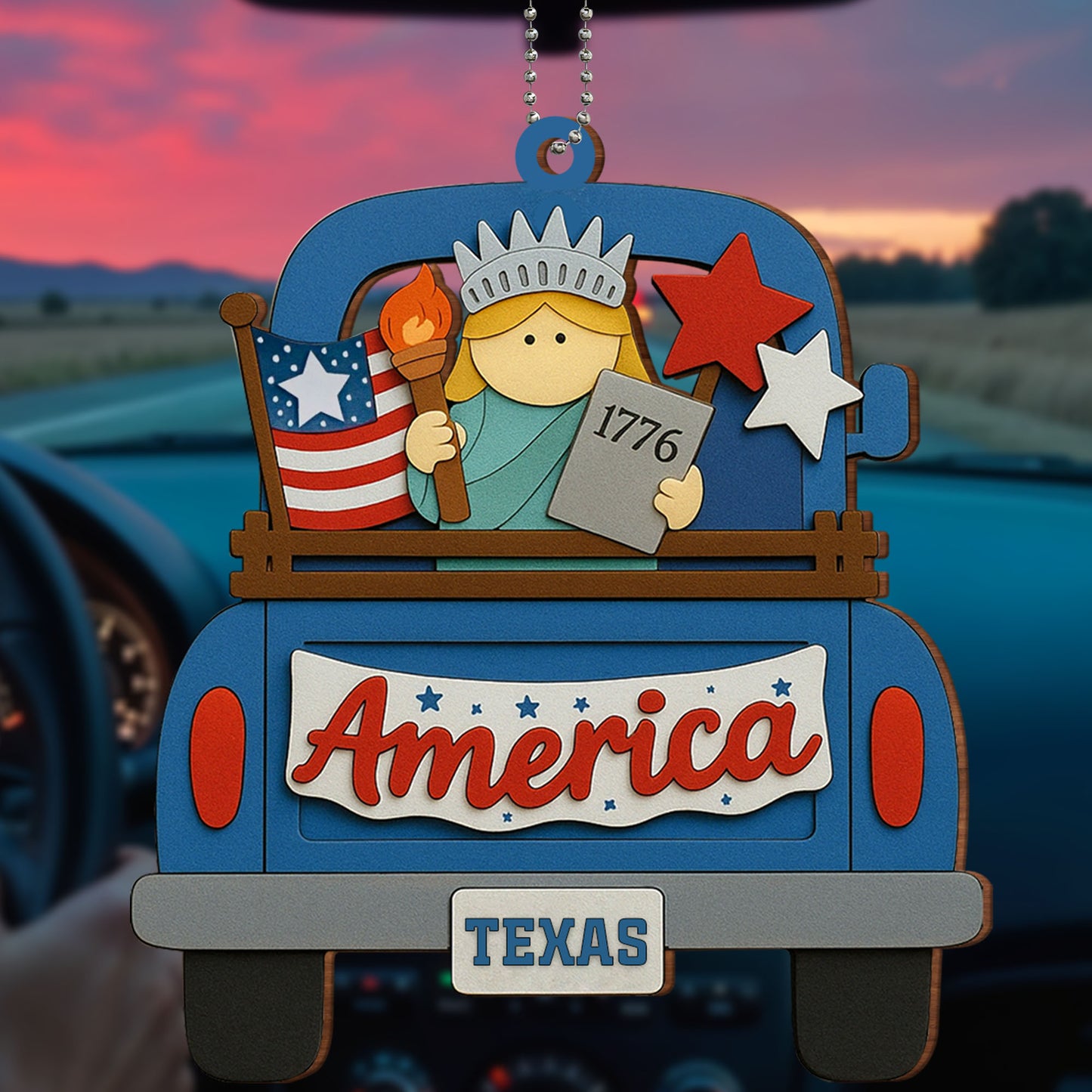 America, Your State, Statue Of Liberty, American Flag - Personalized Custom Wood Ornament, Car Hanging Ornament - INDE008_WCA