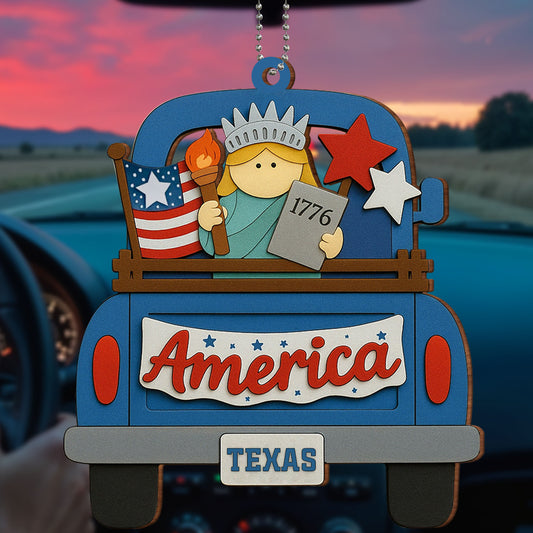 Amérique, votre État, Statue de la Liberté, drapeau américain – Décoration en bois personnalisée, décoration de voiture à suspendre – INDE008_WCA