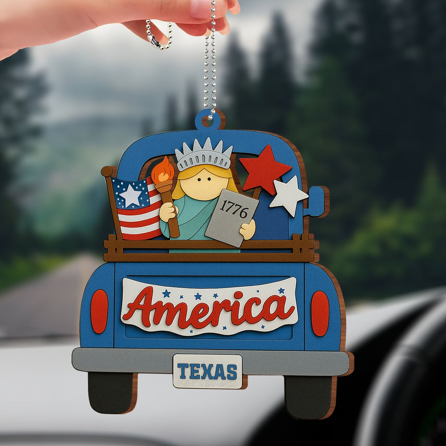 America, Your State, Statue Of Liberty, American Flag - Personalized Custom Wood Ornament, Car Hanging Ornament - INDE008_WCA