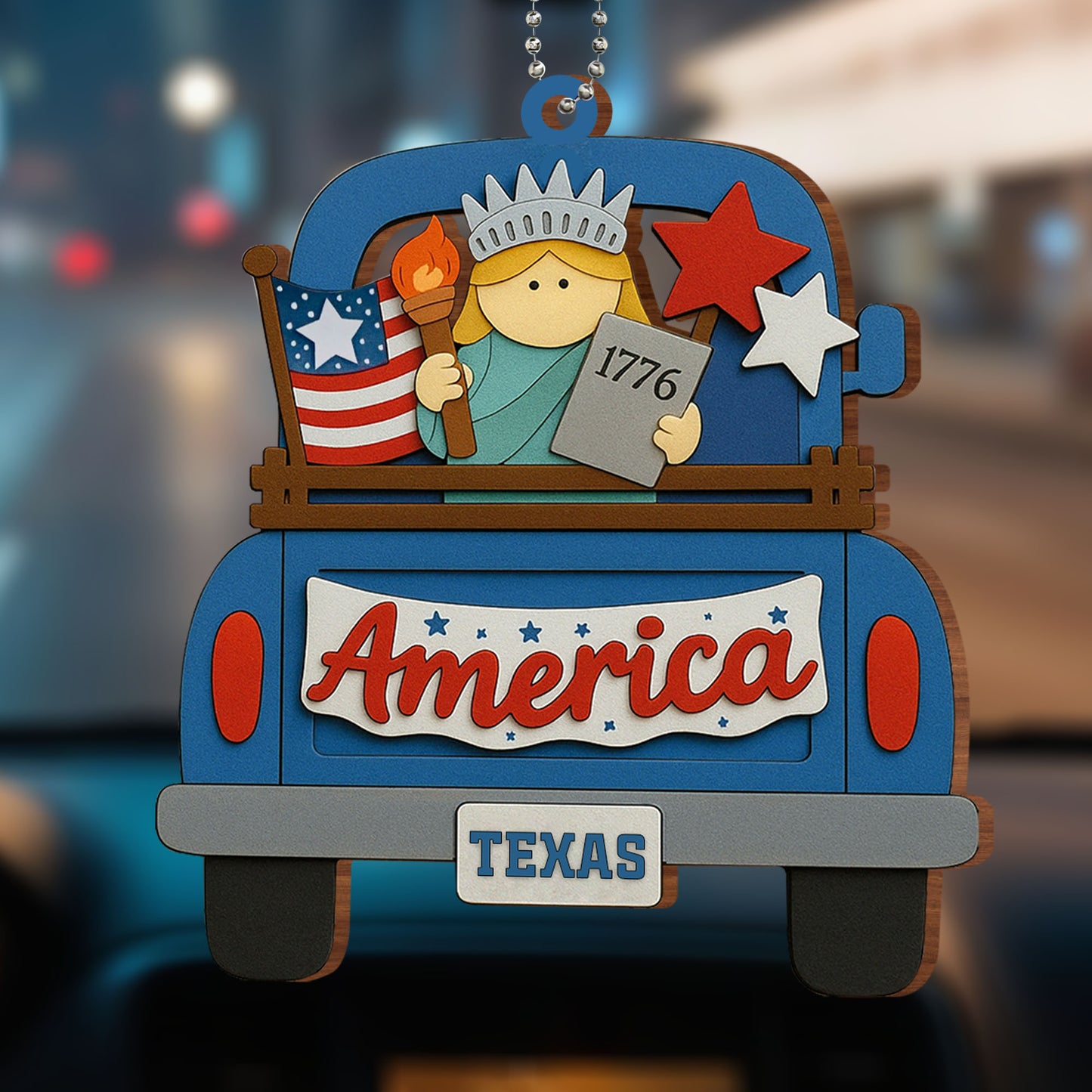 America, Your State, Statue Of Liberty, American Flag - Personalized Custom Wood Ornament, Car Hanging Ornament - INDE008_WCA