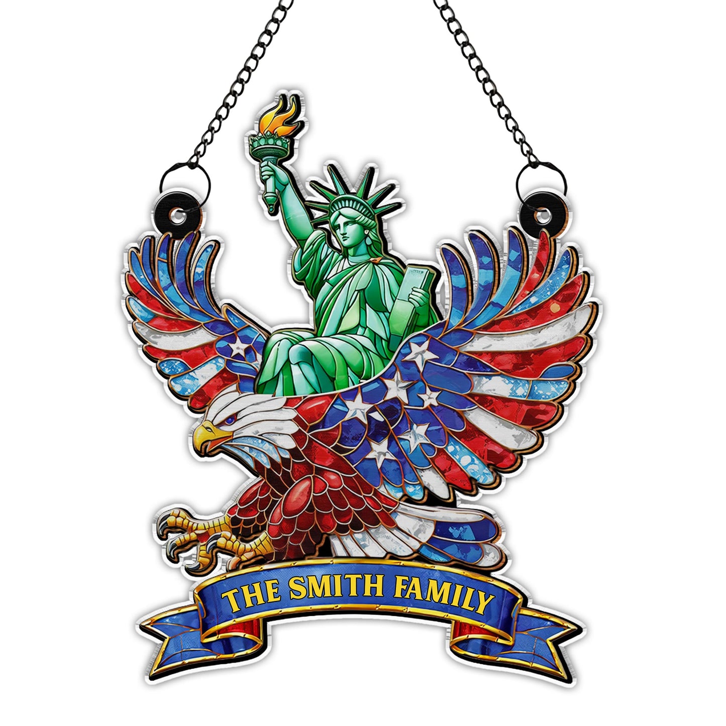 Our Family Statue Of Liberty And Patriotic Eagle With Flag Wings - Personalized Custom Suncatcher - INDE112_CSUN