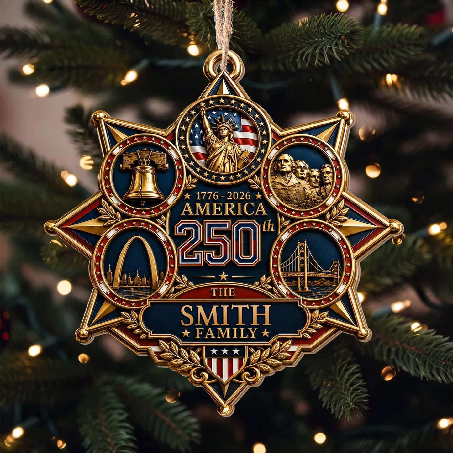 America 250 The Family With Landmarks Statue Of Liberty And Liberty Bell - Personalized Custom Wood Ornament, Custom Shaped - INDE672_WDO