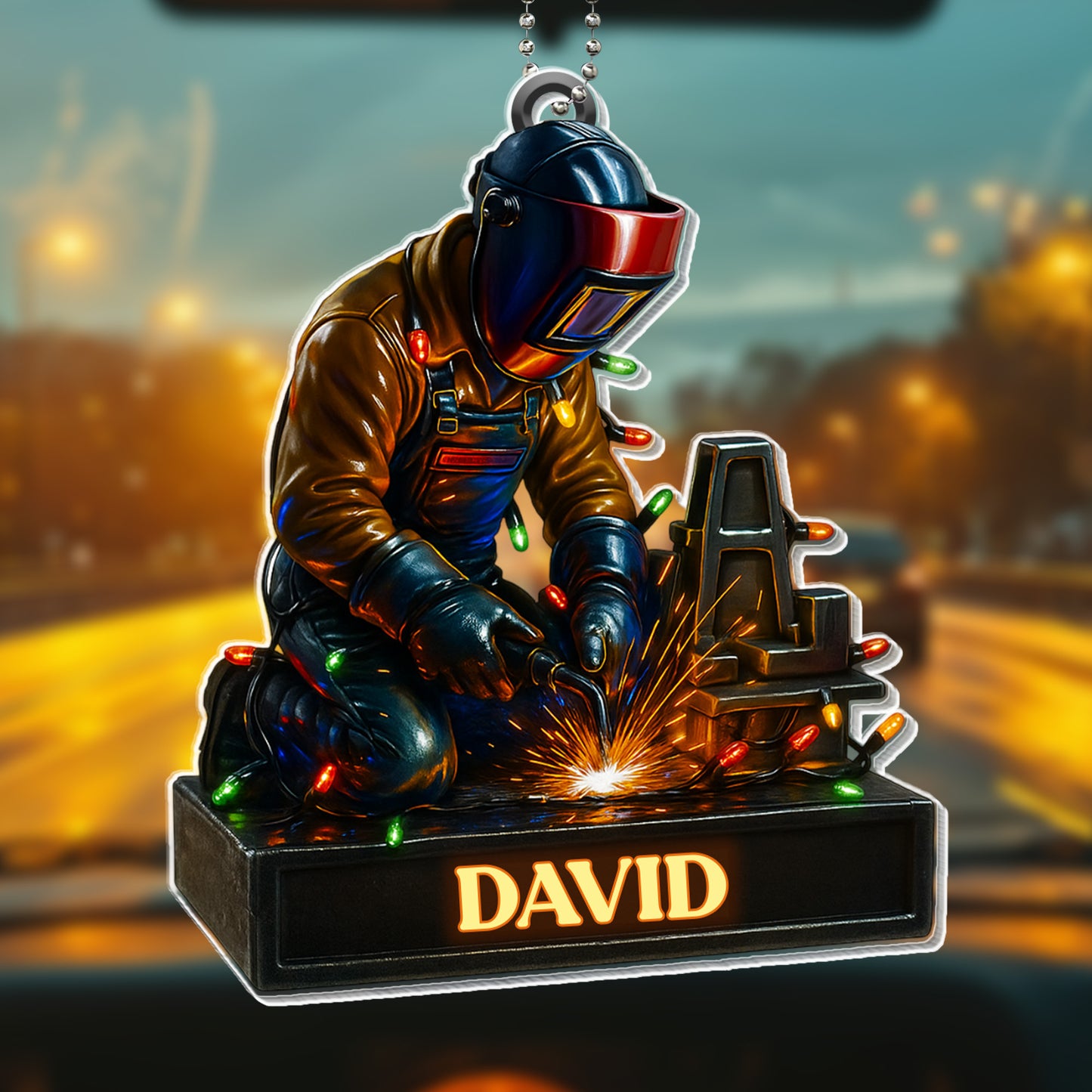 Skilled Welder At Work With Festive Lights