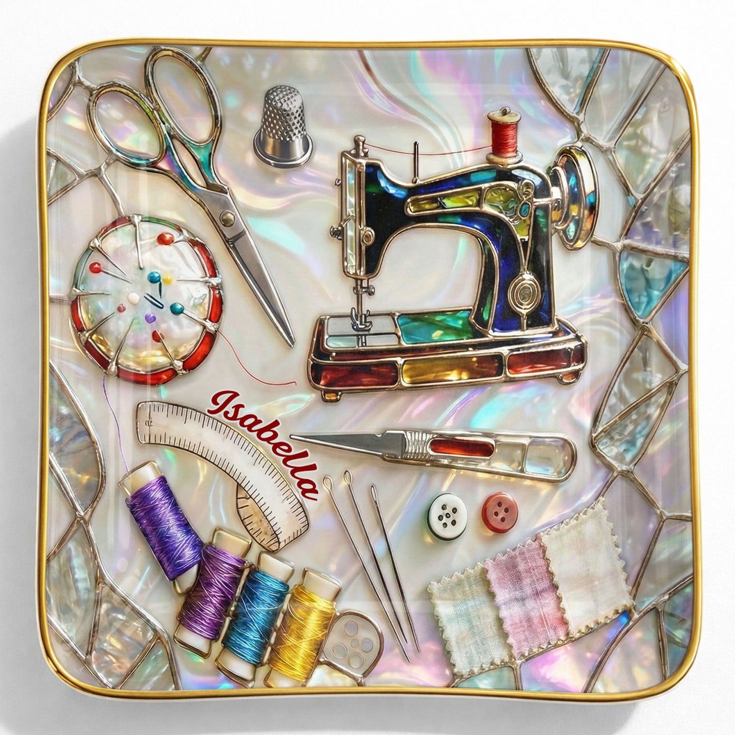 Stitched With Love Sewing Machine Scissors And Colorful Thread Spools