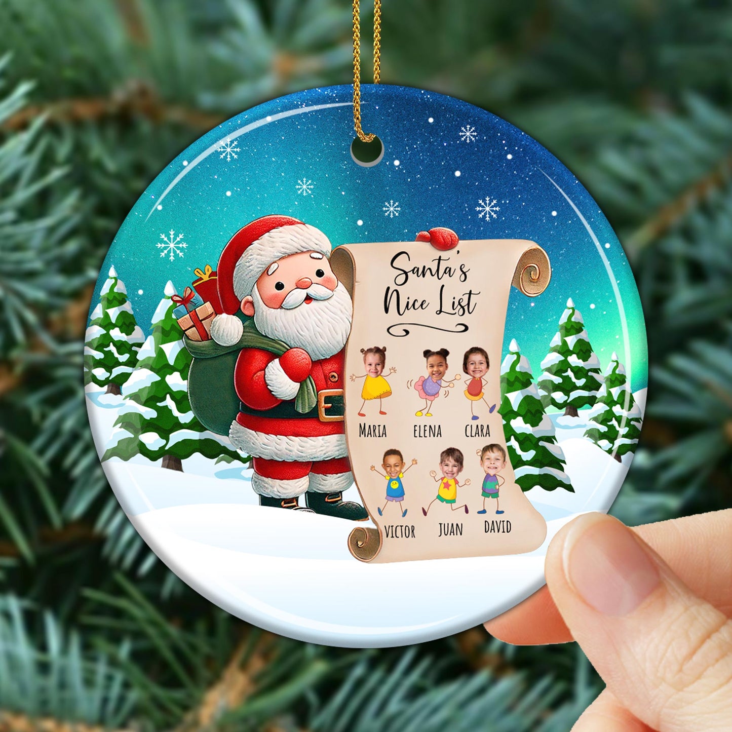 Ornement en céramique personnalisé « Liste des gentils du Père Noël » - Ornement en céramique personnalisé de forme ronde - KID004_RCE