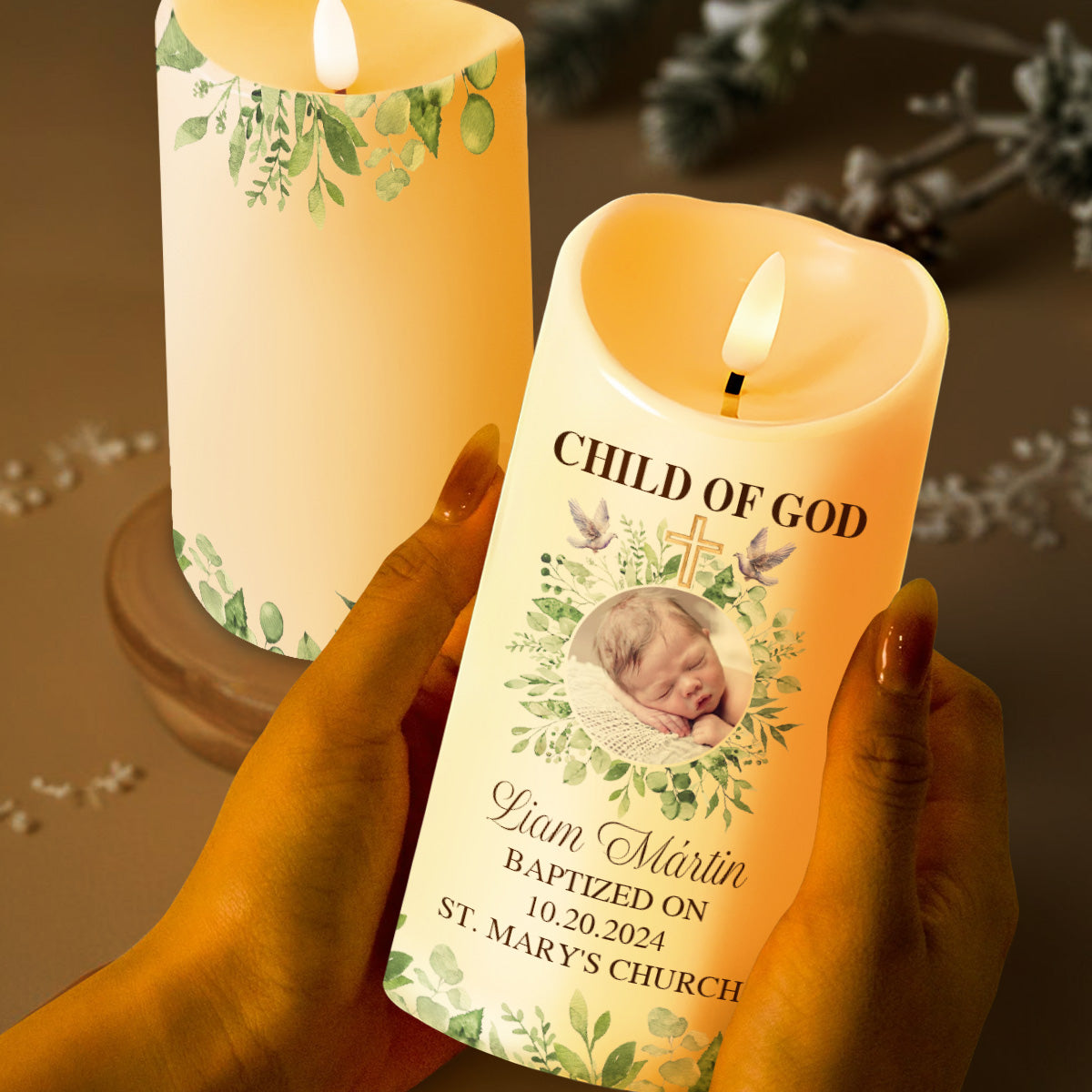 Child Of God Baptism Candle With Cross And Leaves