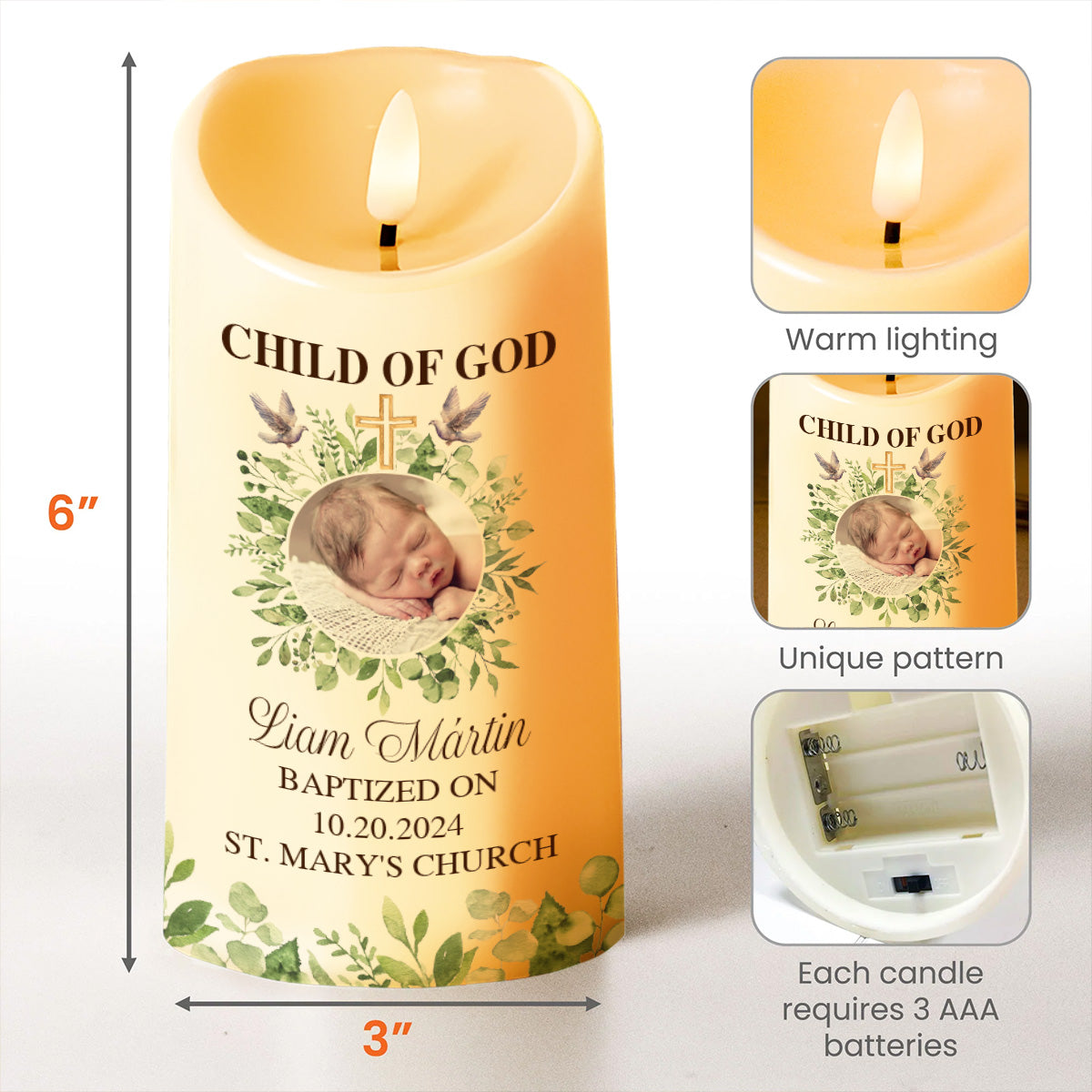 Child Of God Baptism Candle With Cross And Leaves