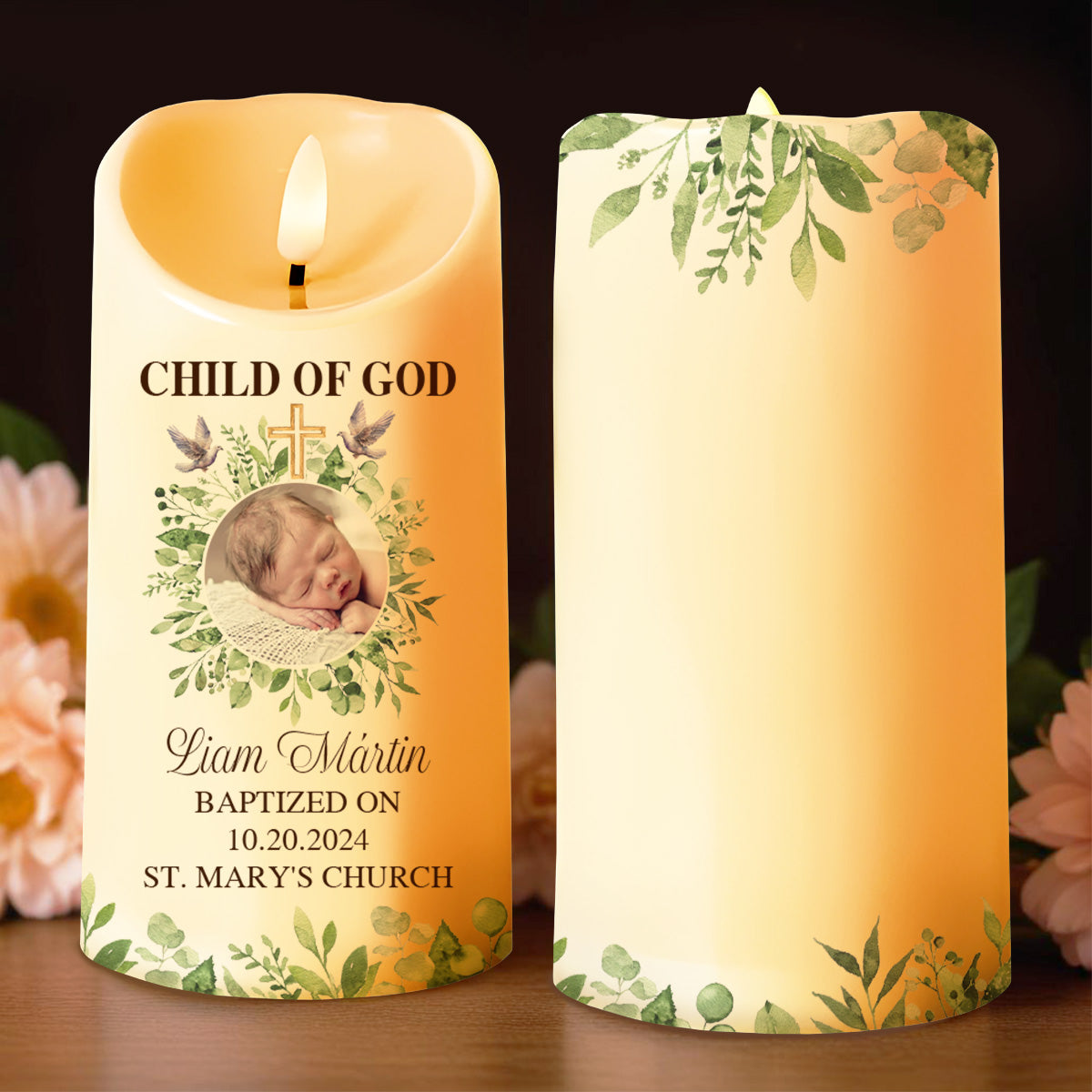 Child Of God Baptism Candle With Cross And Leaves