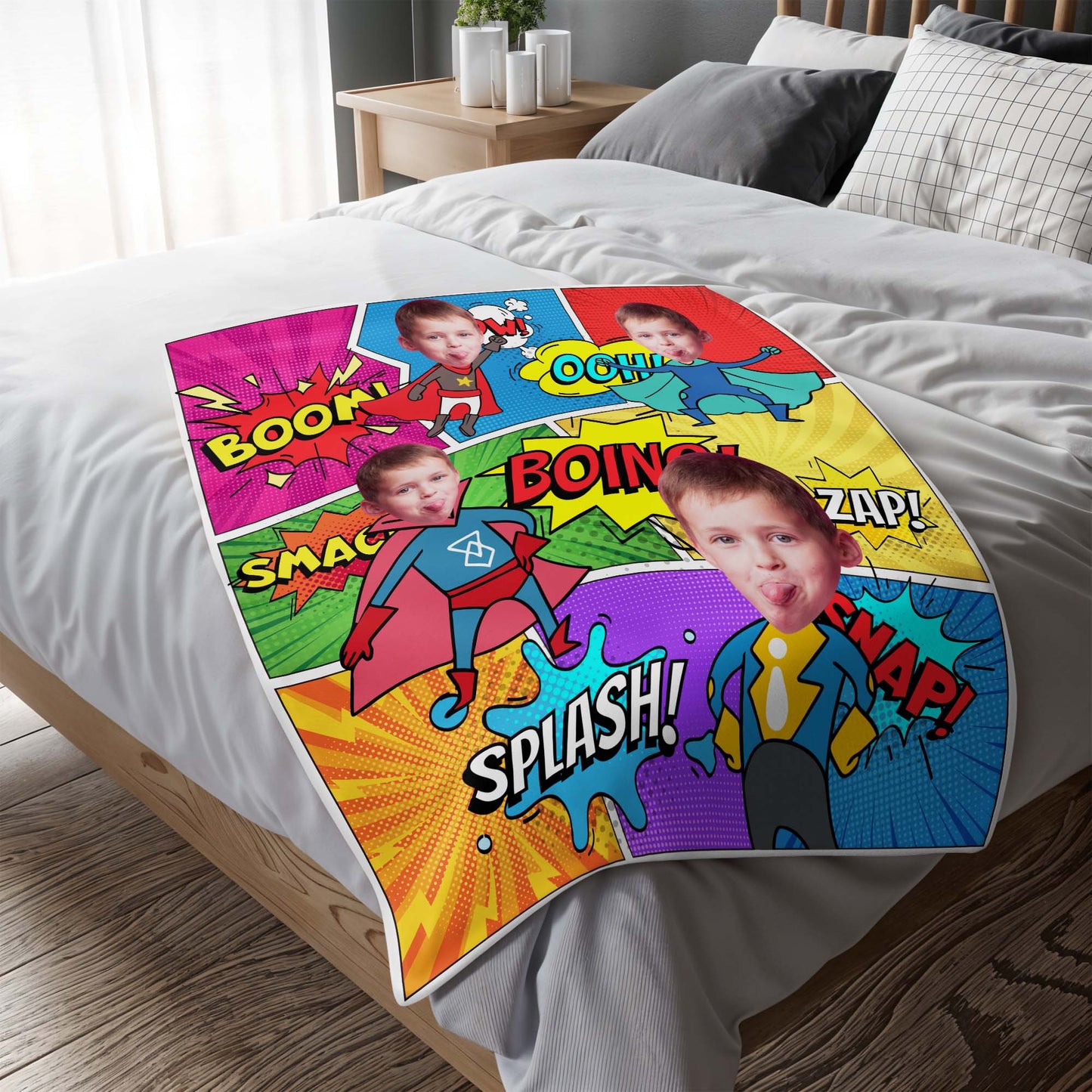 Superhero Adventure Comic Sounds Personalized Blanket - Personalized Custom Blanket - KID019_BLK