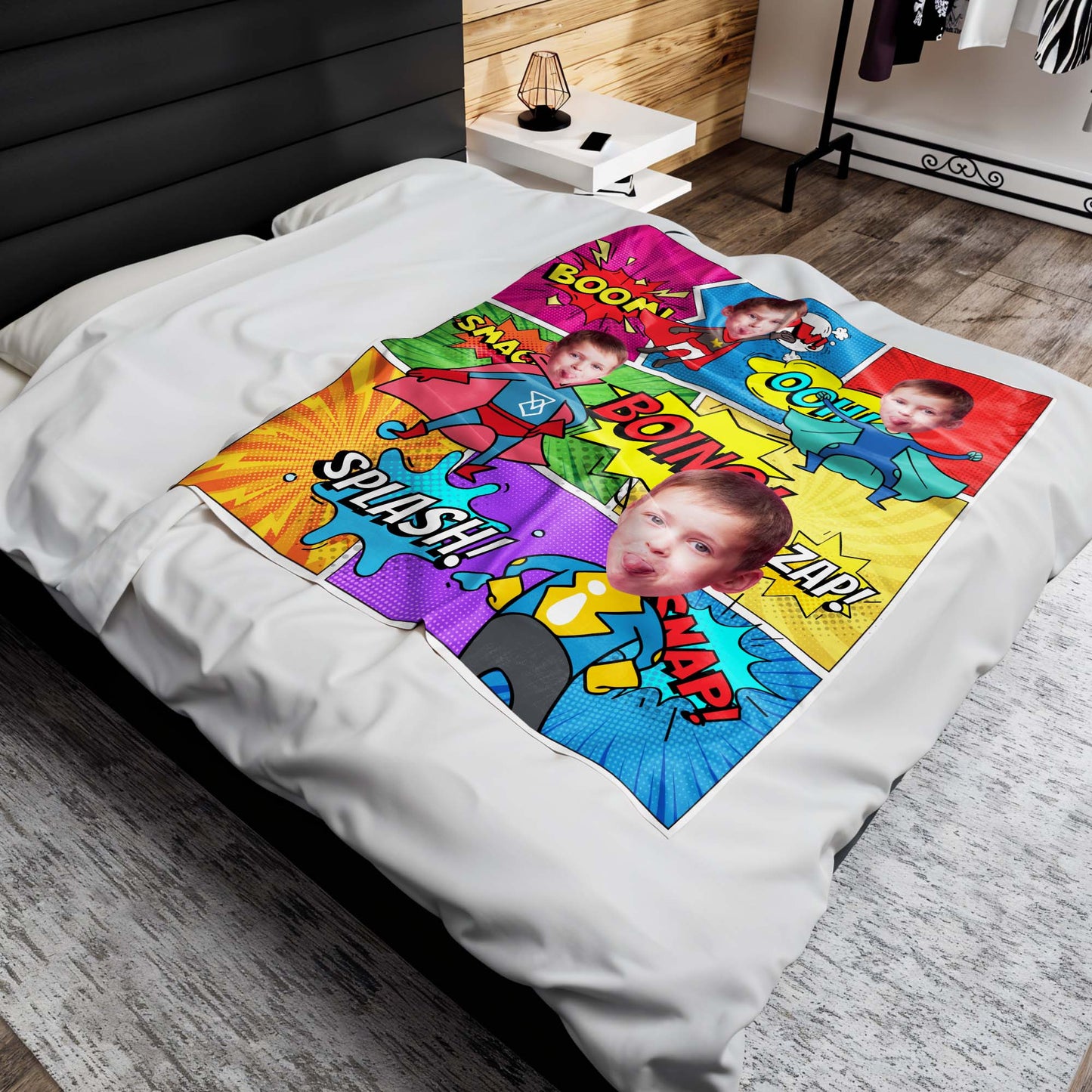 Superhero Adventure Comic Sounds Personalized Blanket - Personalized Custom Blanket - KID019_BLK