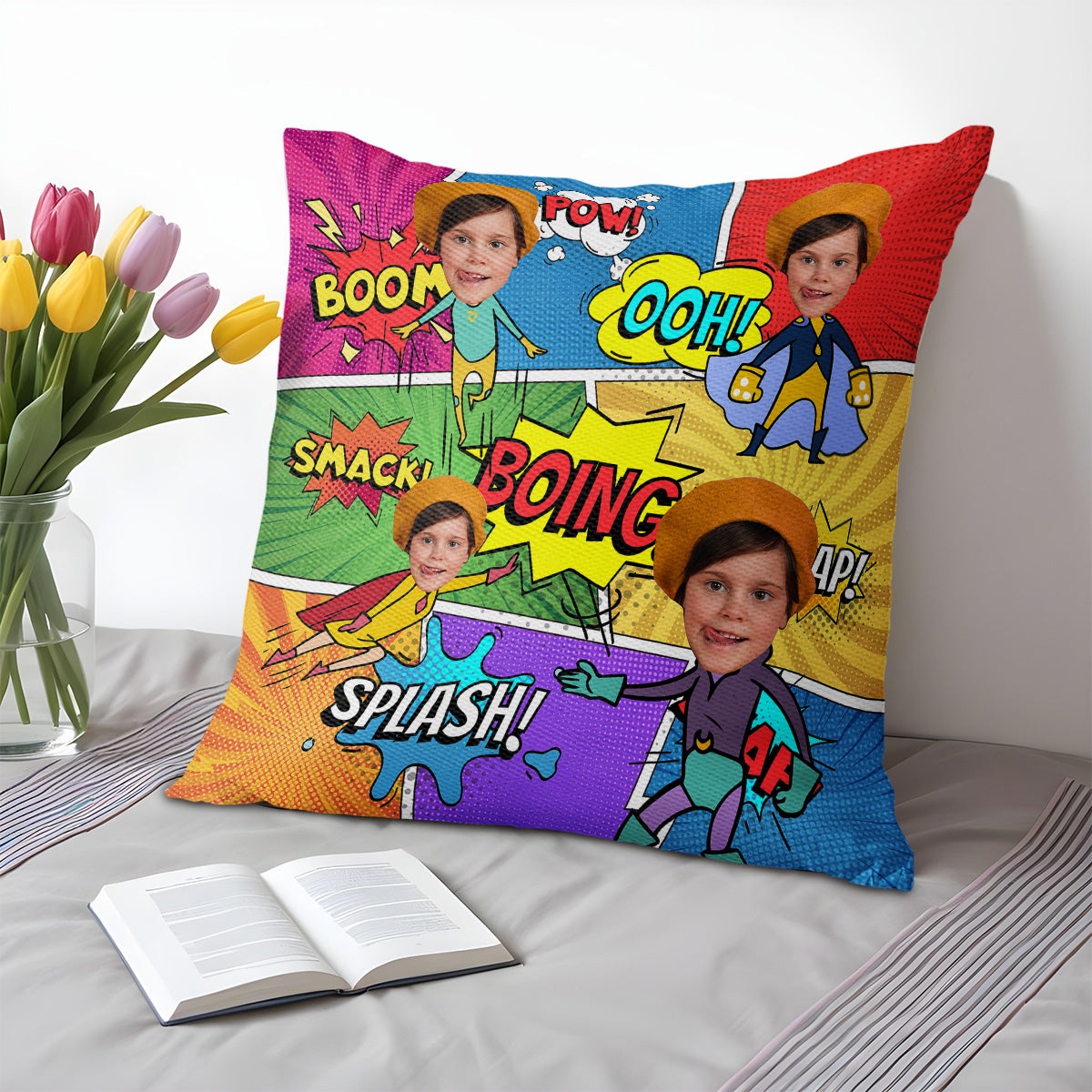 Superhero Comic Book Explosion Words Pillow - Personalized Custom Pillow, Insert Included - KID020_PLW