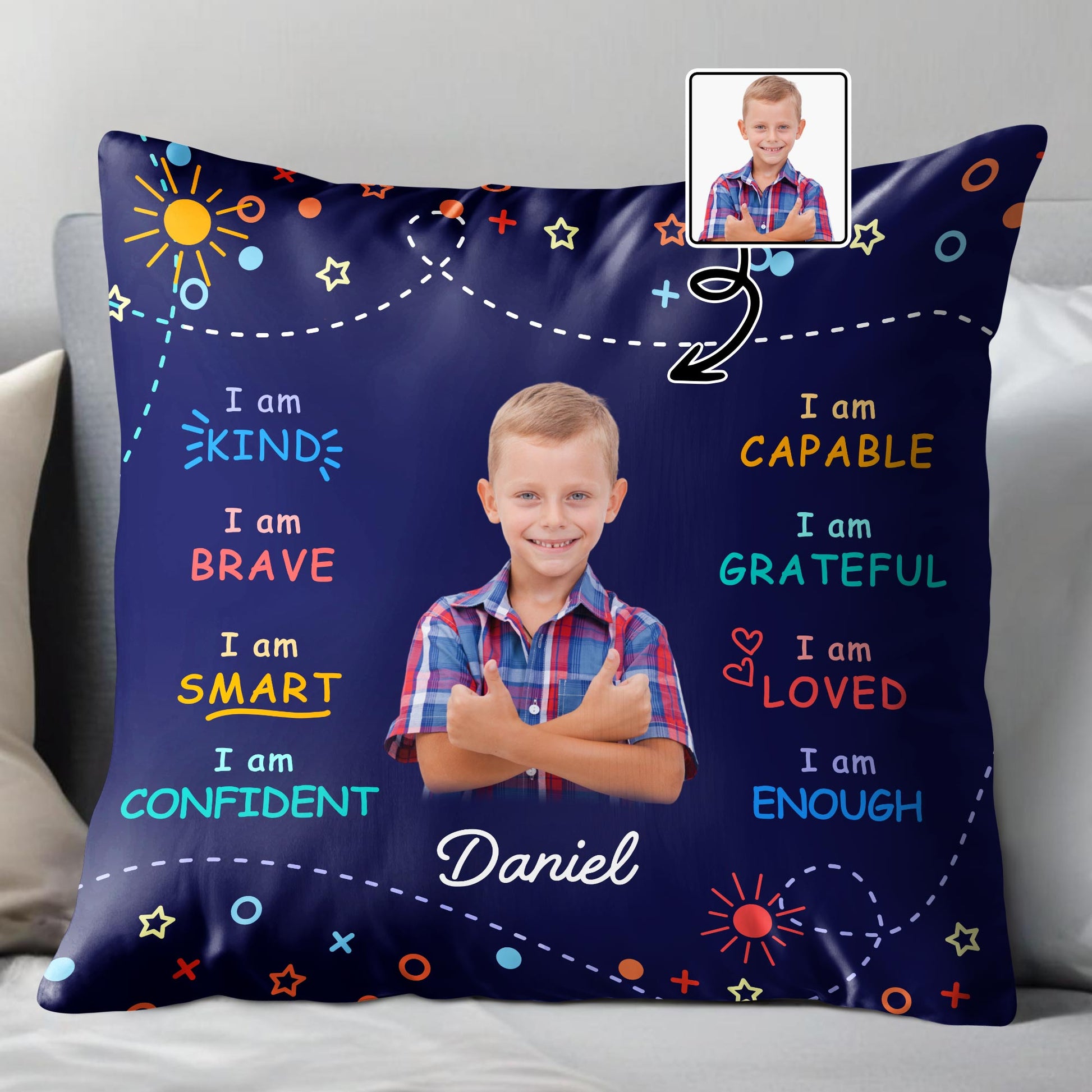 I Am Kind, Brave, and Smart Pillow with Sun and Stars