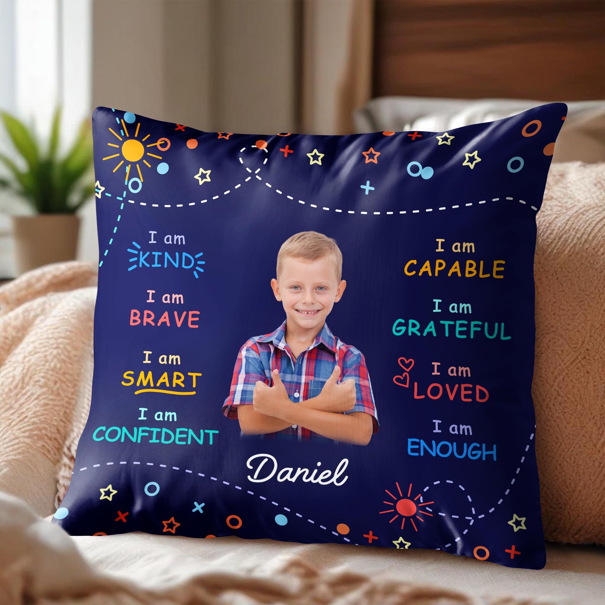 I Am Kind, Brave, and Smart Pillow with Sun and Stars