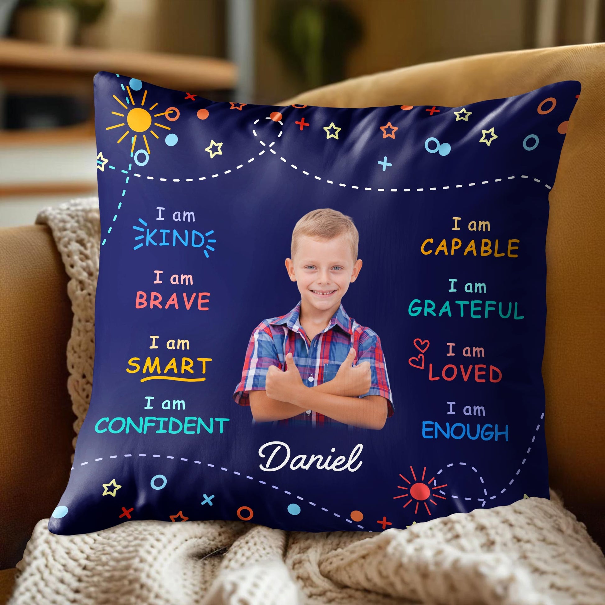 I Am Kind, Brave, and Smart Pillow with Sun and Stars