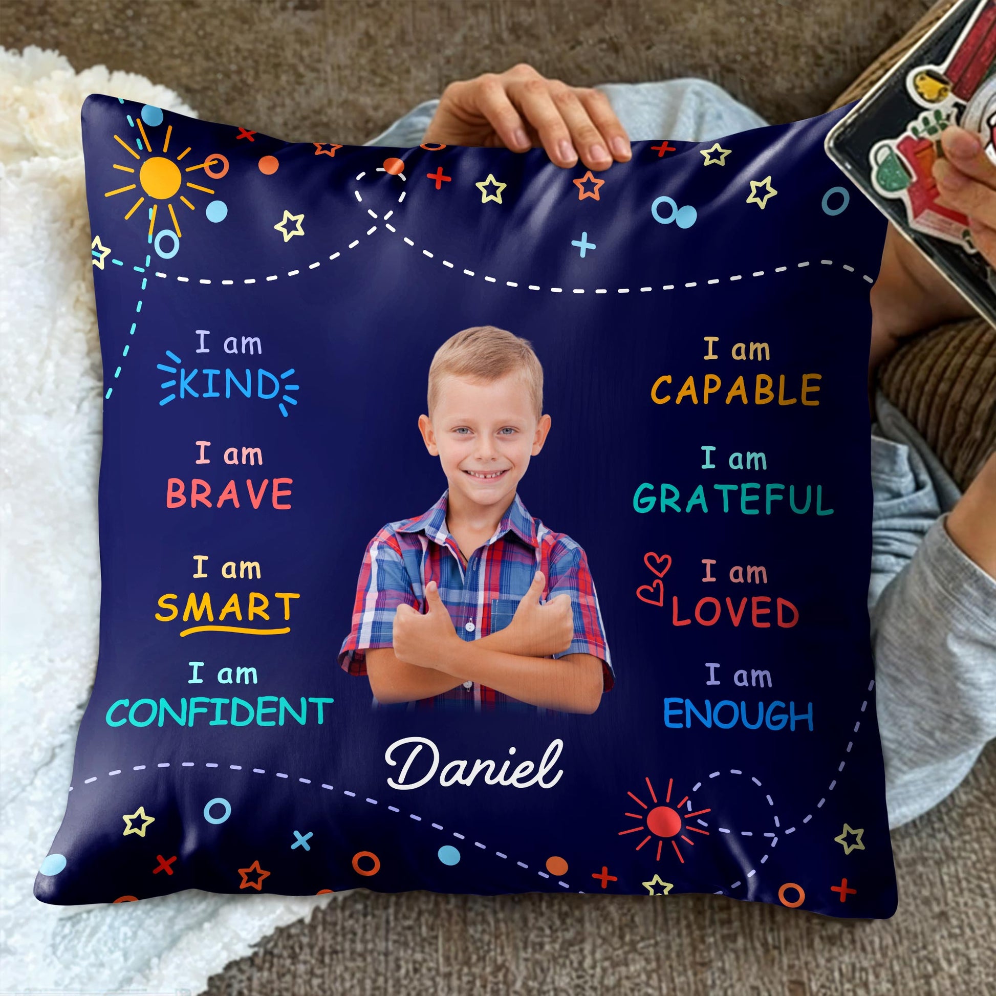 I Am Kind, Brave, and Smart Pillow with Sun and Stars