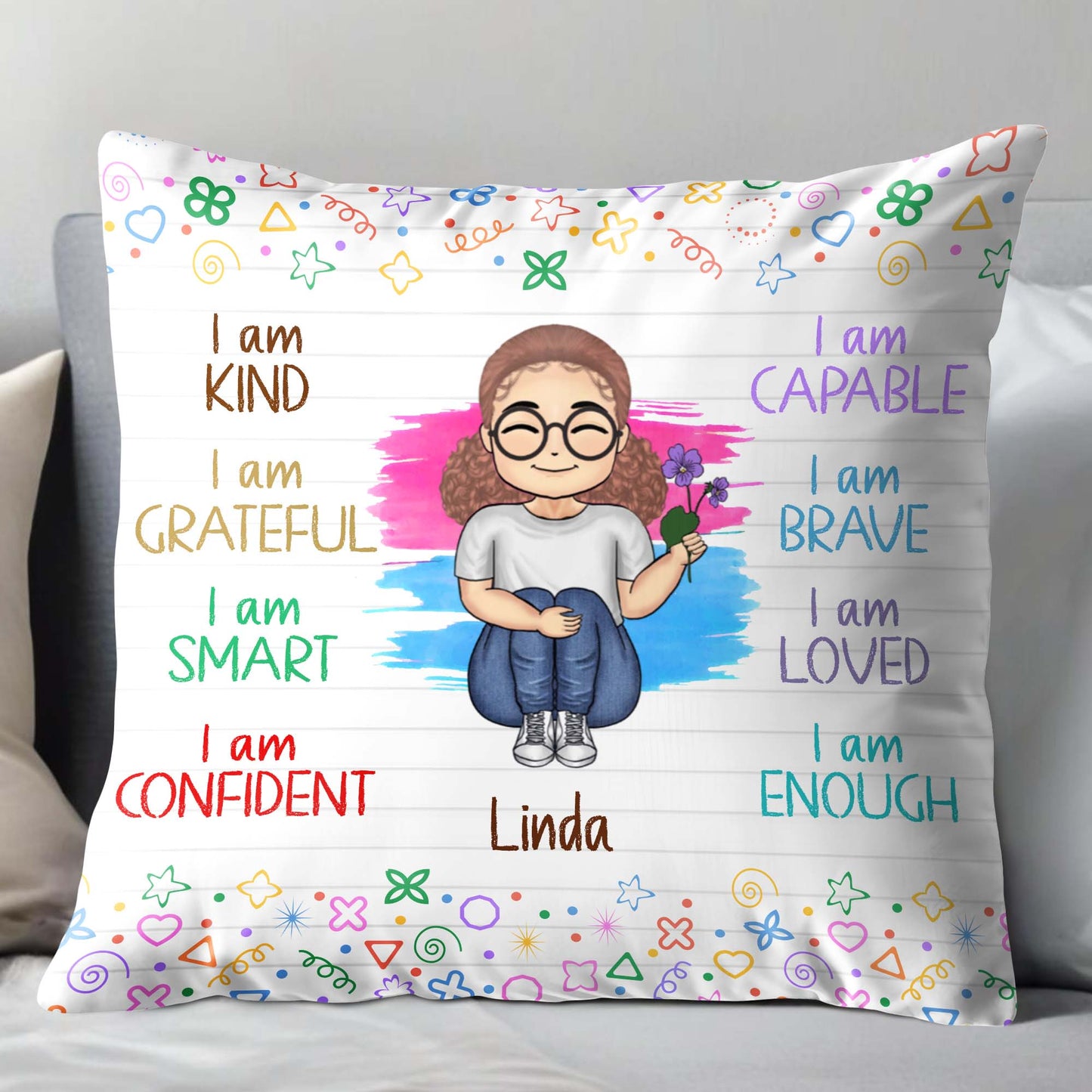 Empowering Messages Pillow With Cartoon Girl and Colorful Doodles