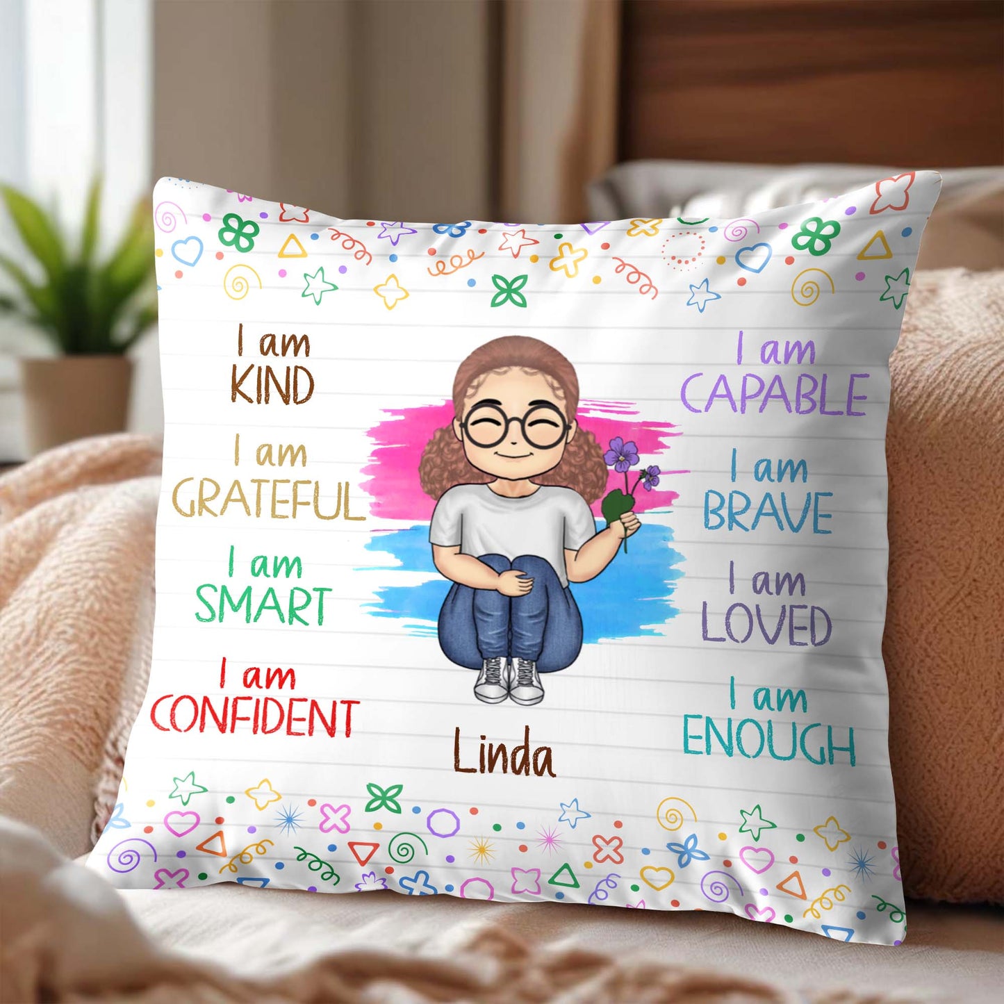 Empowering Messages Pillow With Cartoon Girl and Colorful Doodles