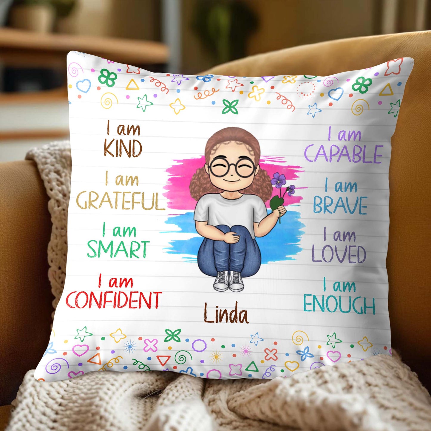 Empowering Messages Pillow With Cartoon Girl and Colorful Doodles