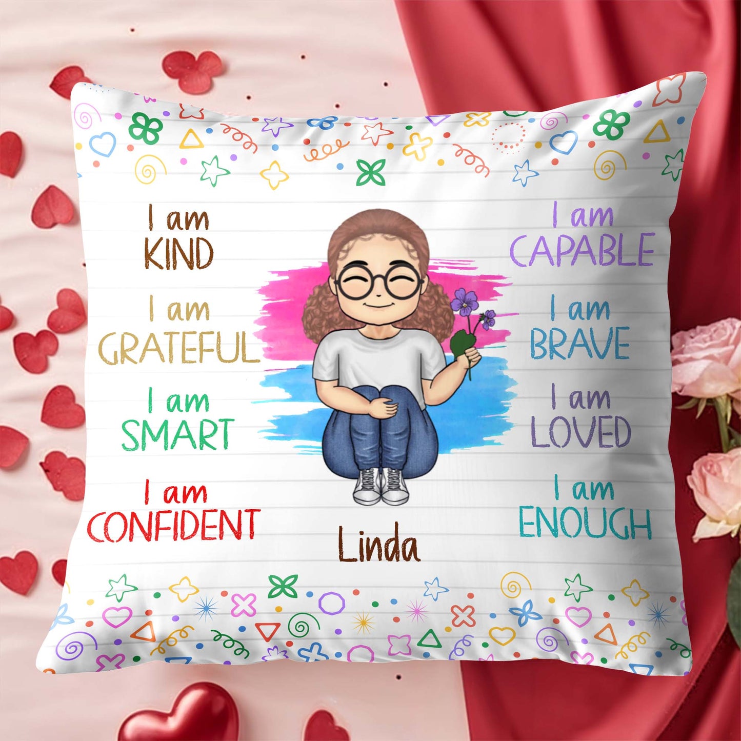 Empowering Messages Pillow With Cartoon Girl and Colorful Doodles