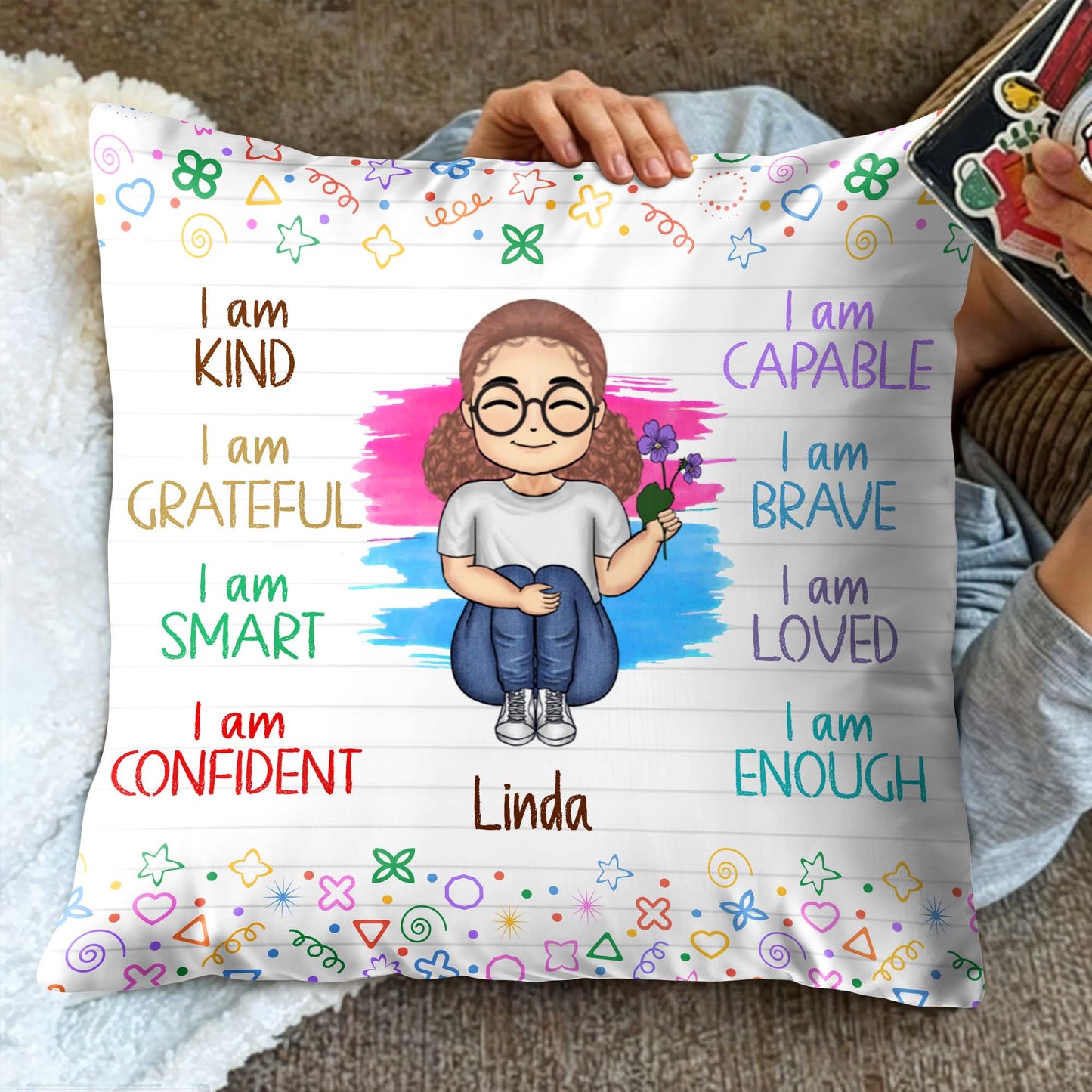 Empowering Messages Pillow With Cartoon Girl and Colorful Doodles