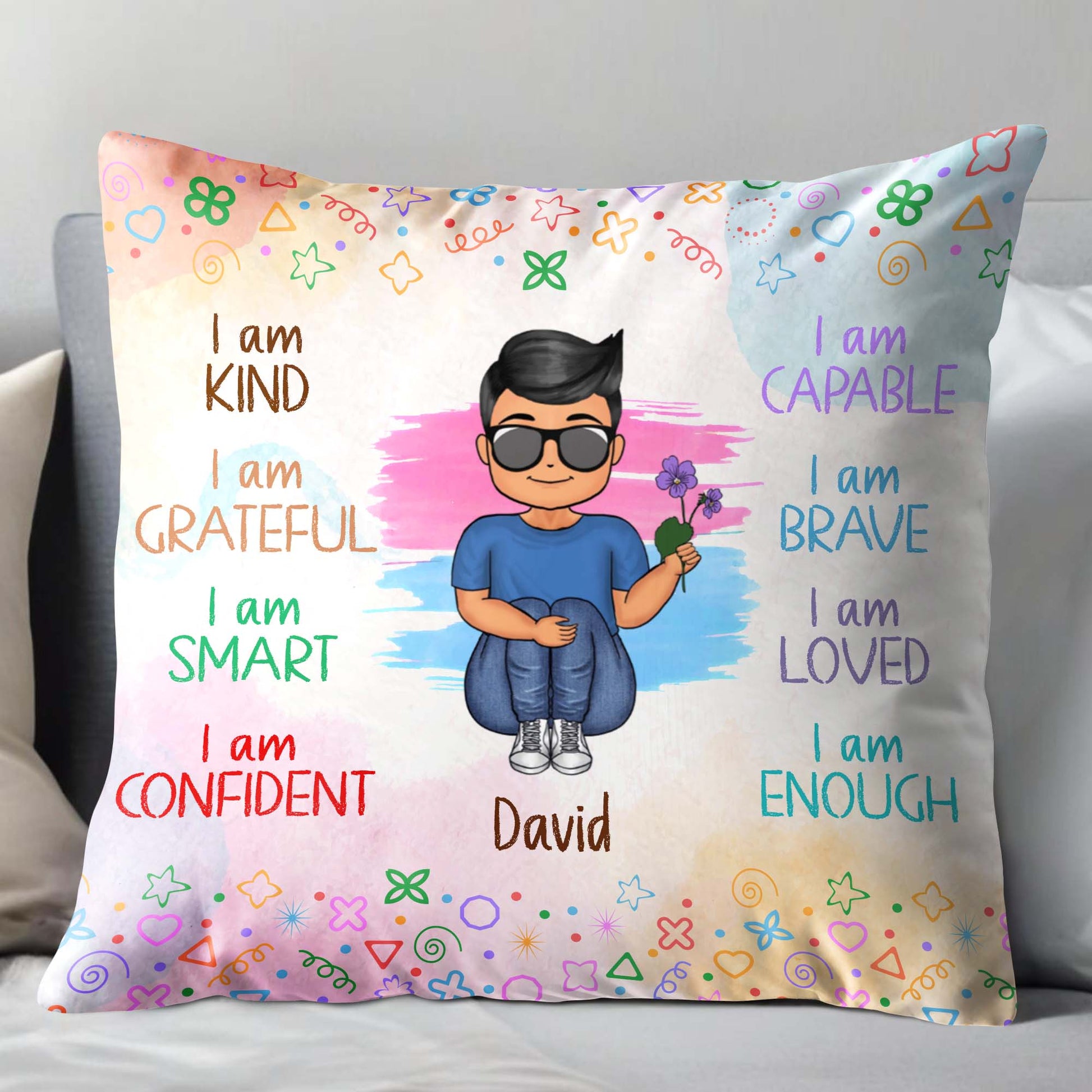 I Am Brave, I Am Loved, I Am Enough Cartoon Boy Pillow