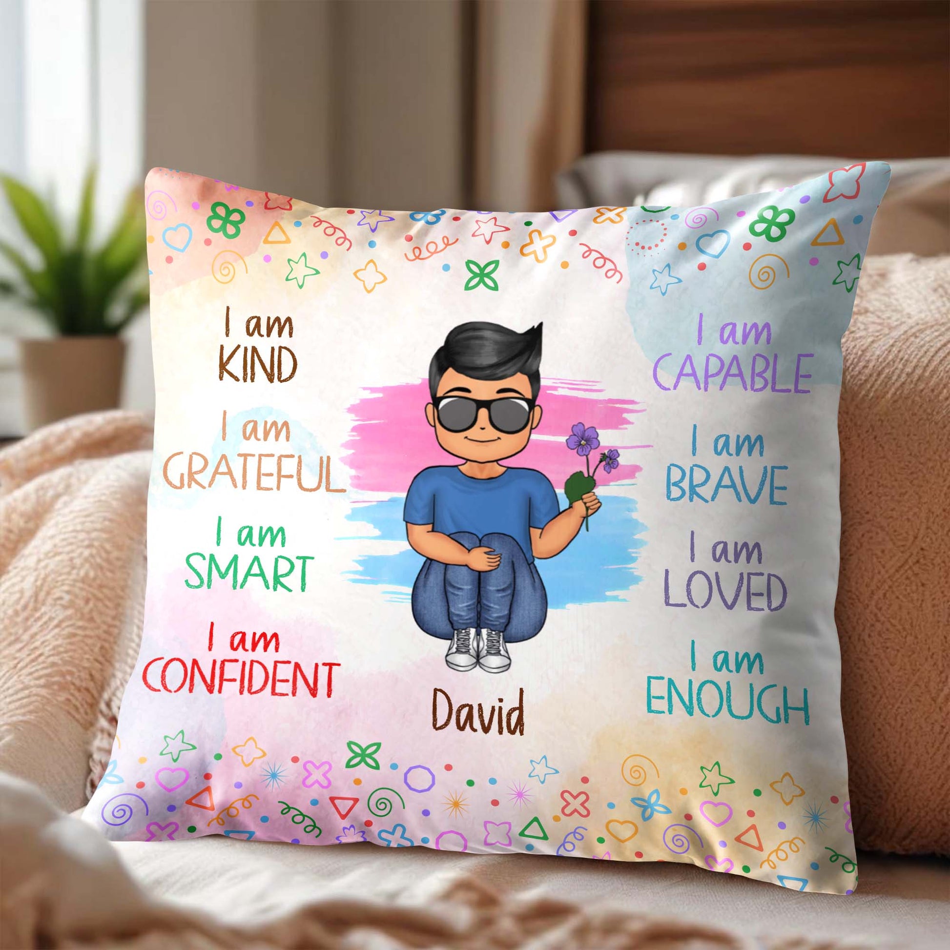 I Am Brave, I Am Loved, I Am Enough Cartoon Boy Pillow