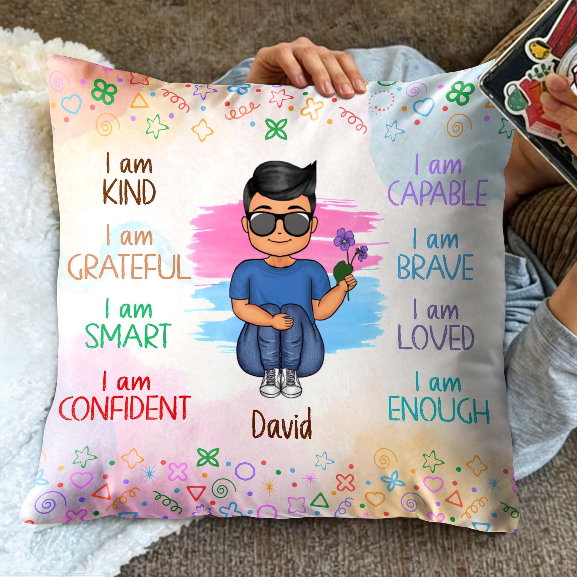 I Am Brave, I Am Loved, I Am Enough Cartoon Boy Pillow