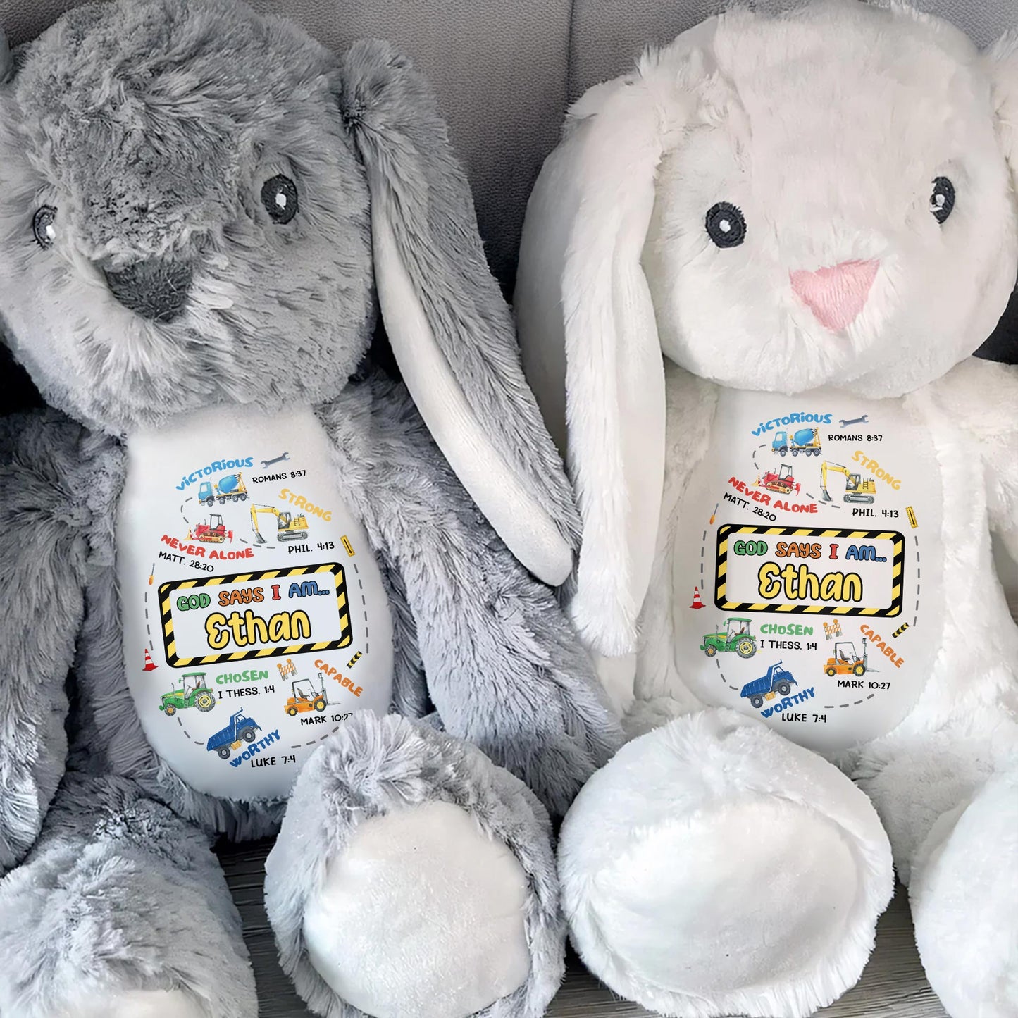 Victorious, Strong, Never Alone, Personalized Stuffed Bunny With Biblical Inscriptions