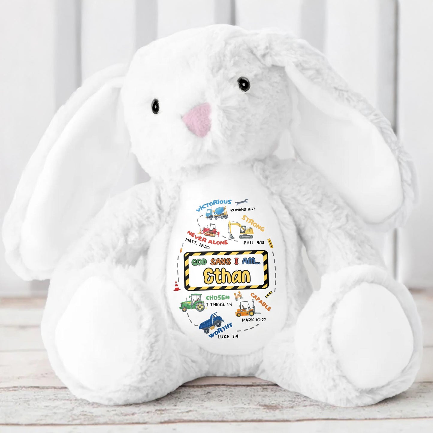 Victorious, Strong, Never Alone, Personalized Stuffed Bunny With Biblical Inscriptions