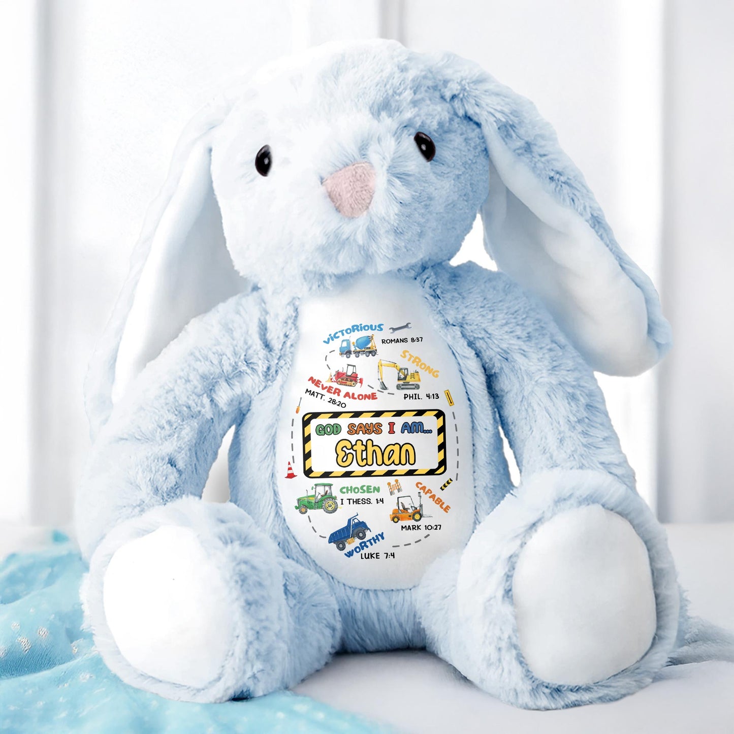 Victorious, Strong, Never Alone, Personalized Stuffed Bunny With Biblical Inscriptions