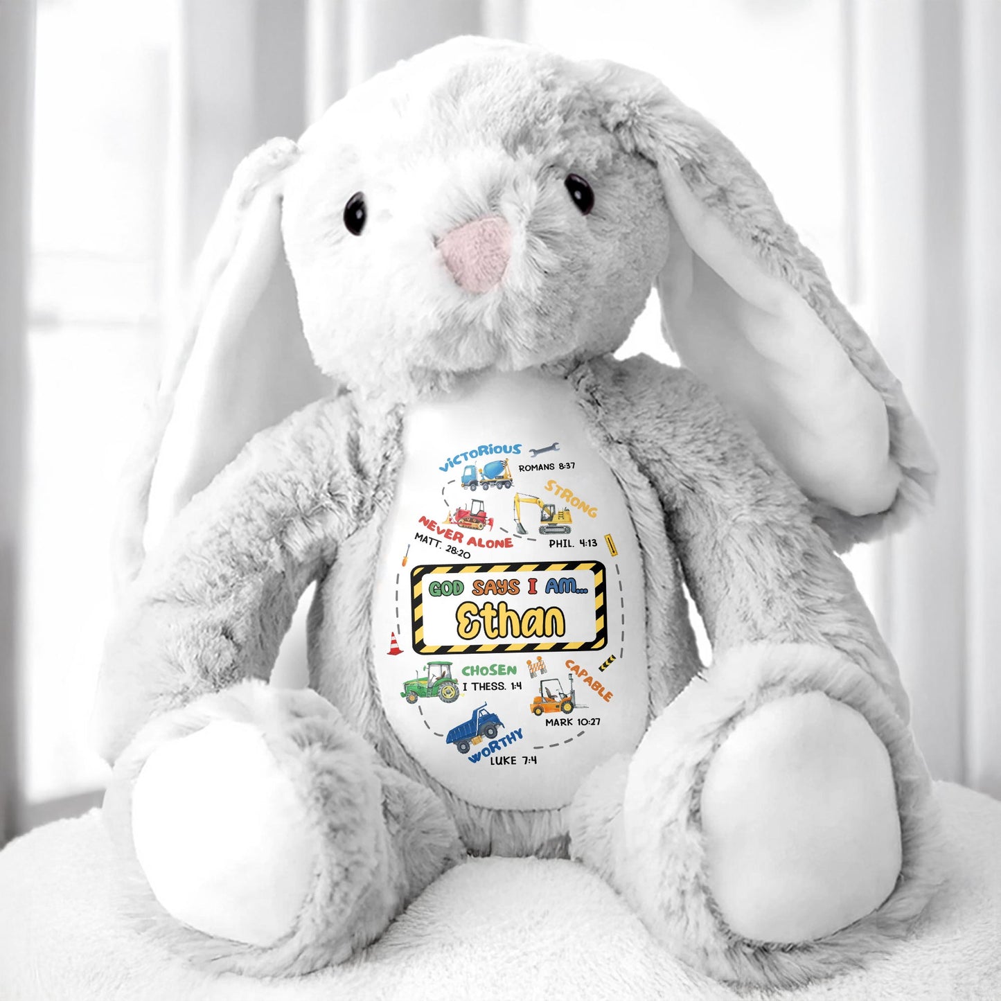 Victorious, Strong, Never Alone, Personalized Stuffed Bunny With Biblical Inscriptions