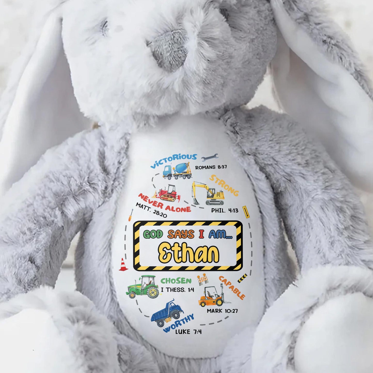 Victorious, Strong, Never Alone, Personalized Stuffed Bunny With Biblical Inscriptions