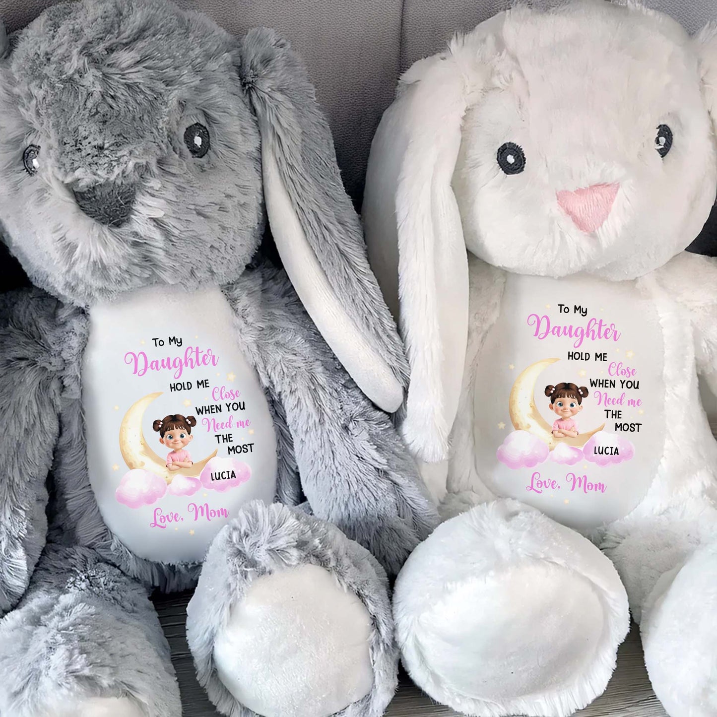 To My Daughter Hold Me Close, Stuffed Bunny, Moon and Clouds