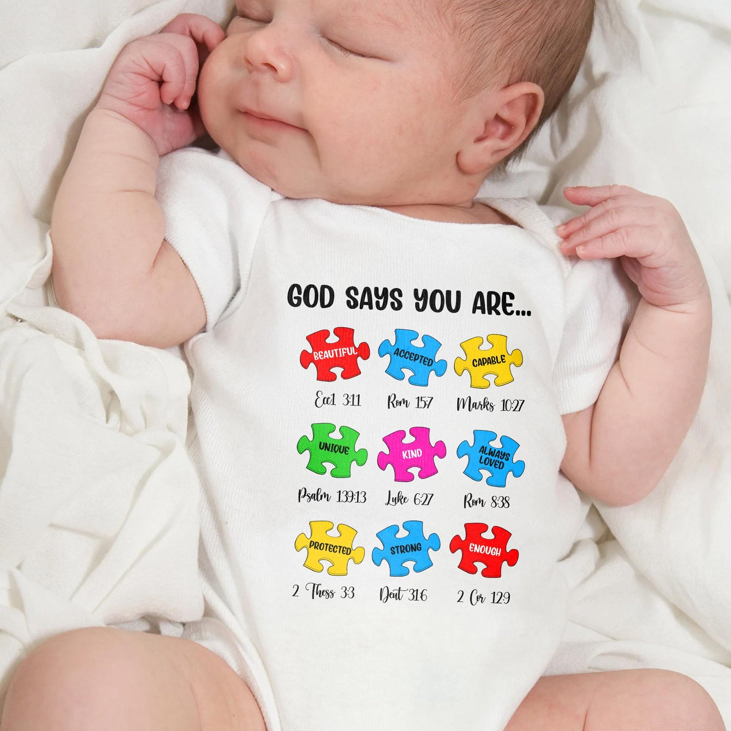 God Says You Are Beautiful, Accepted, Capable, Unique, Kind, Puzzle Pieces Onesie