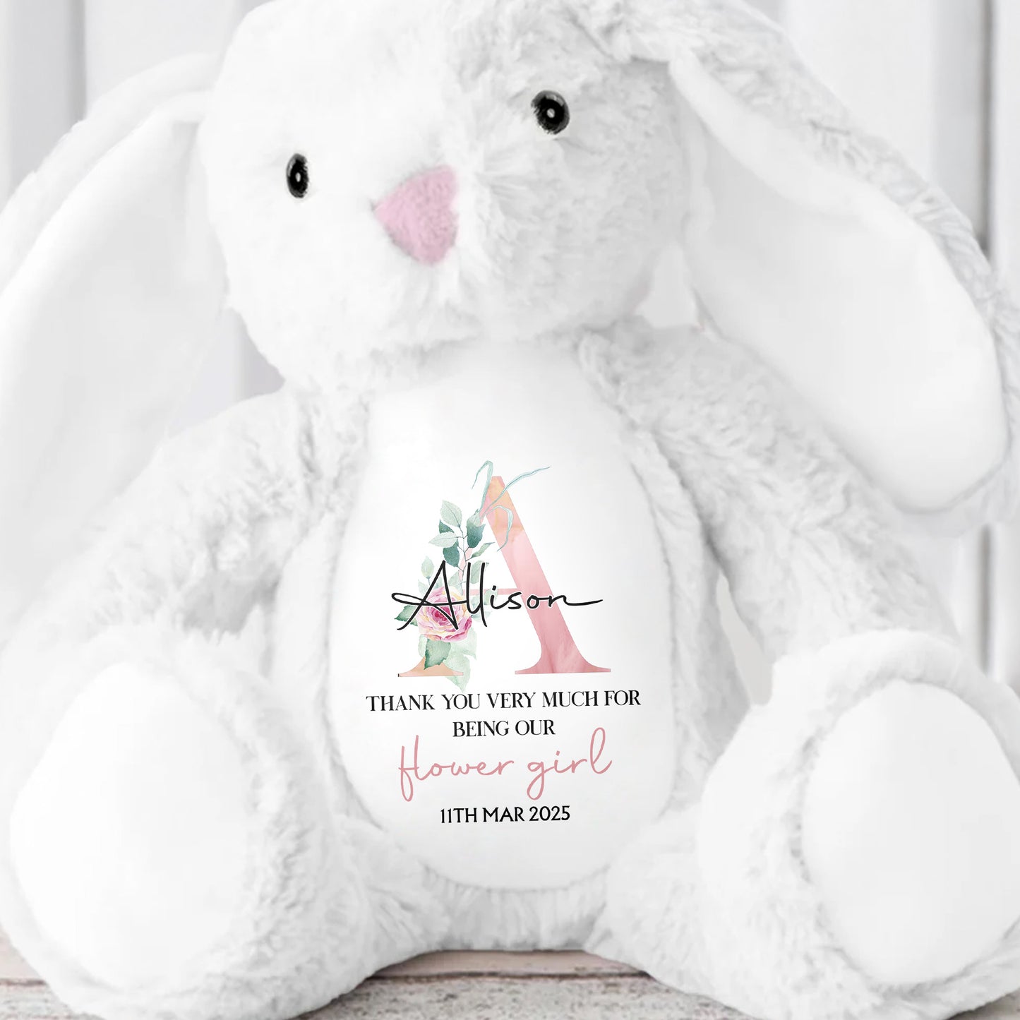 Thank You Very Much For Being Our Flower Girl, Stuffed Bunny With Floral Design