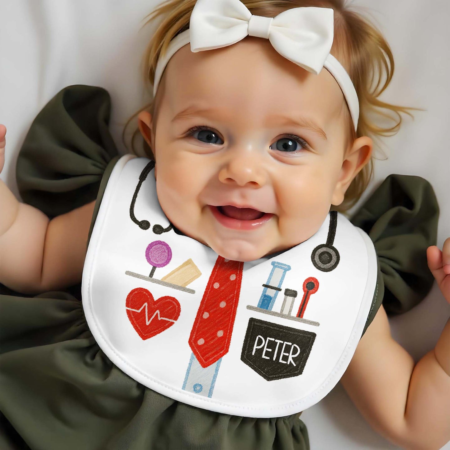 Customizable Baby Bib With Stethoscope, Tie, Heartbeat
