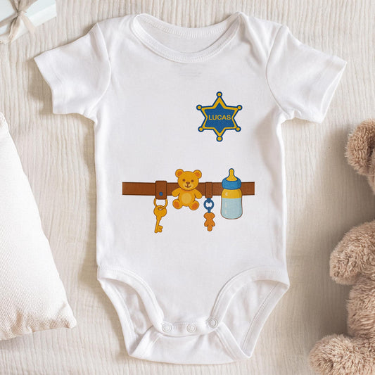 Customizable Baby Onesie Featuring Teddy Bear, Feeding Bottle And Keys