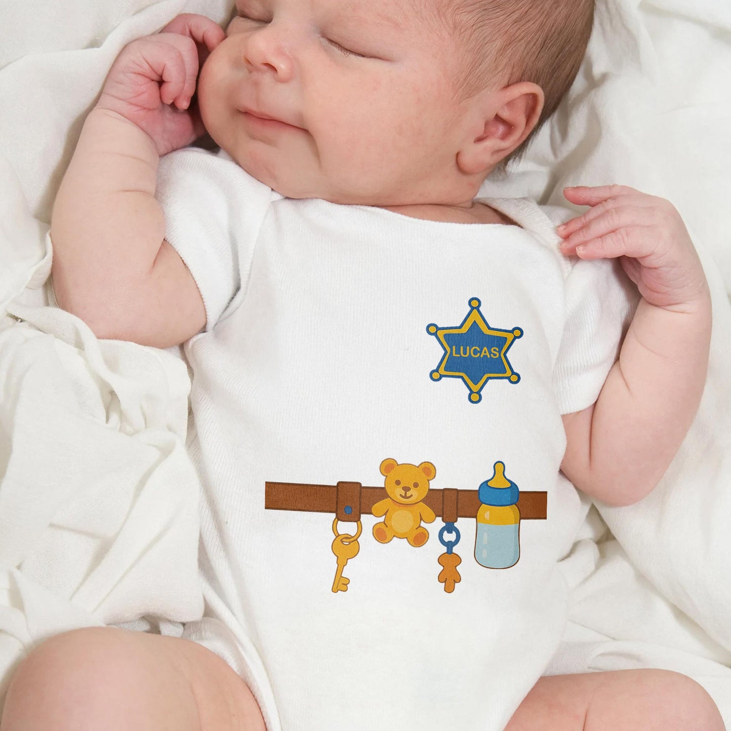 Customizable Baby Onesie Featuring Teddy Bear, Feeding Bottle And Keys