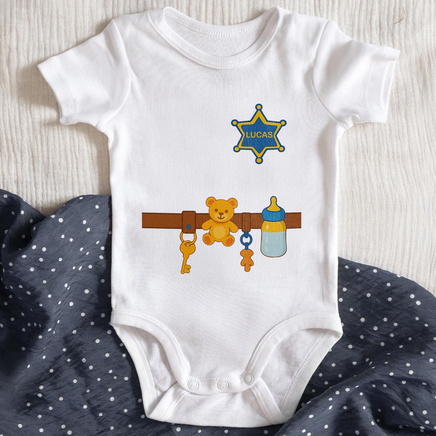 Customizable Baby Onesie Featuring Teddy Bear, Feeding Bottle And Keys
