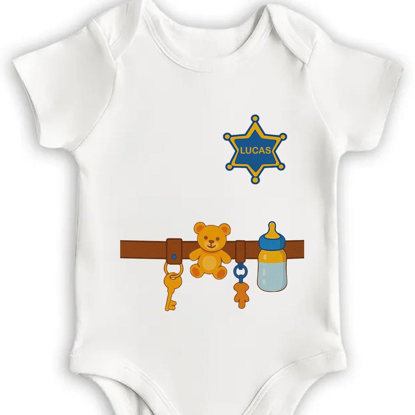 Customizable Baby Onesie Featuring Teddy Bear, Feeding Bottle And Keys