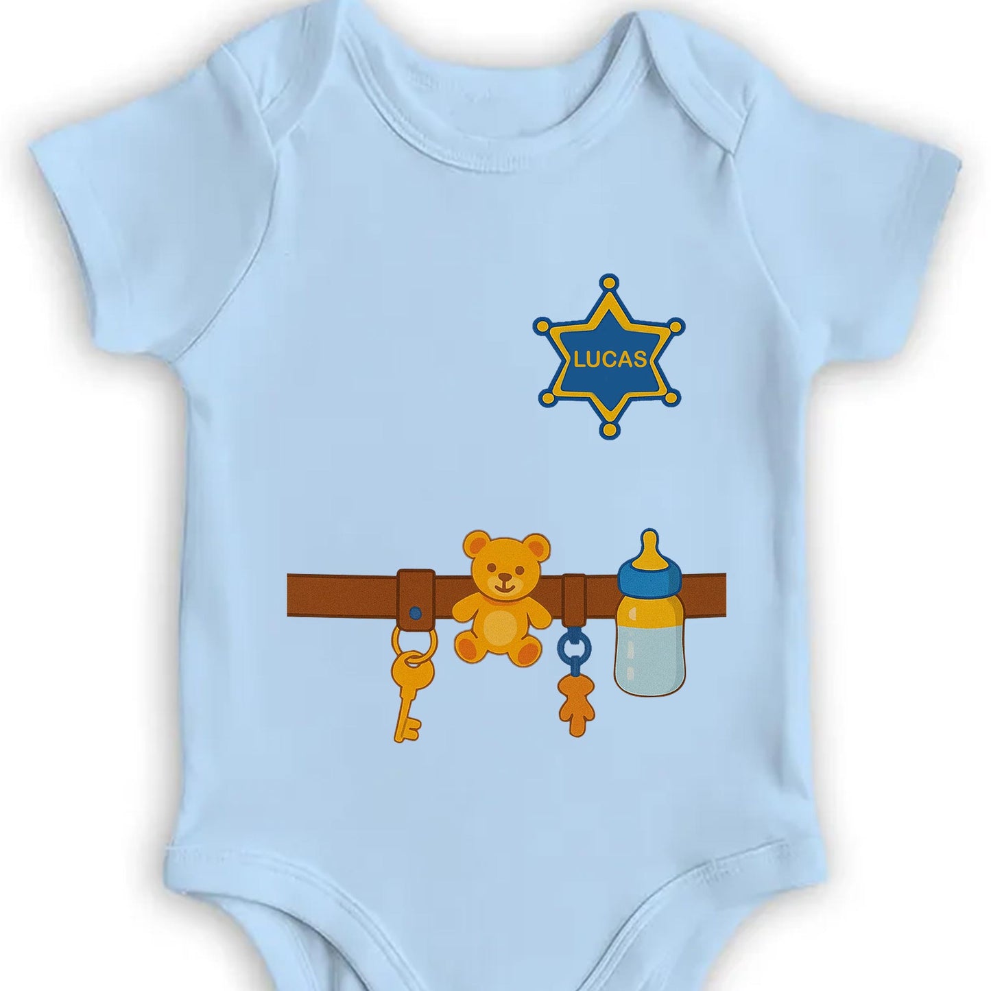 Customizable Baby Onesie Featuring Teddy Bear, Feeding Bottle And Keys