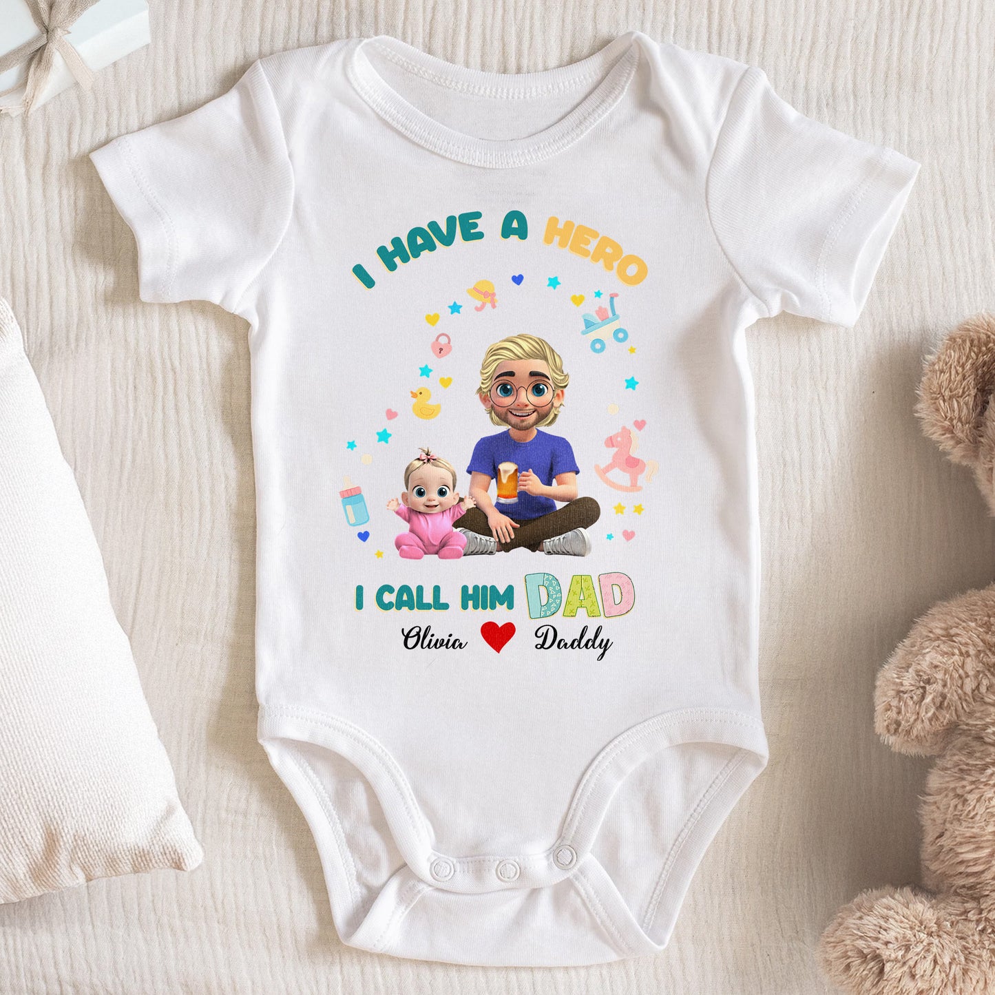 I Have A Hero I Call Him Dad, Cartoon Father And Little Girl - Personalized Custom Baby Onesie - KID064_ONES