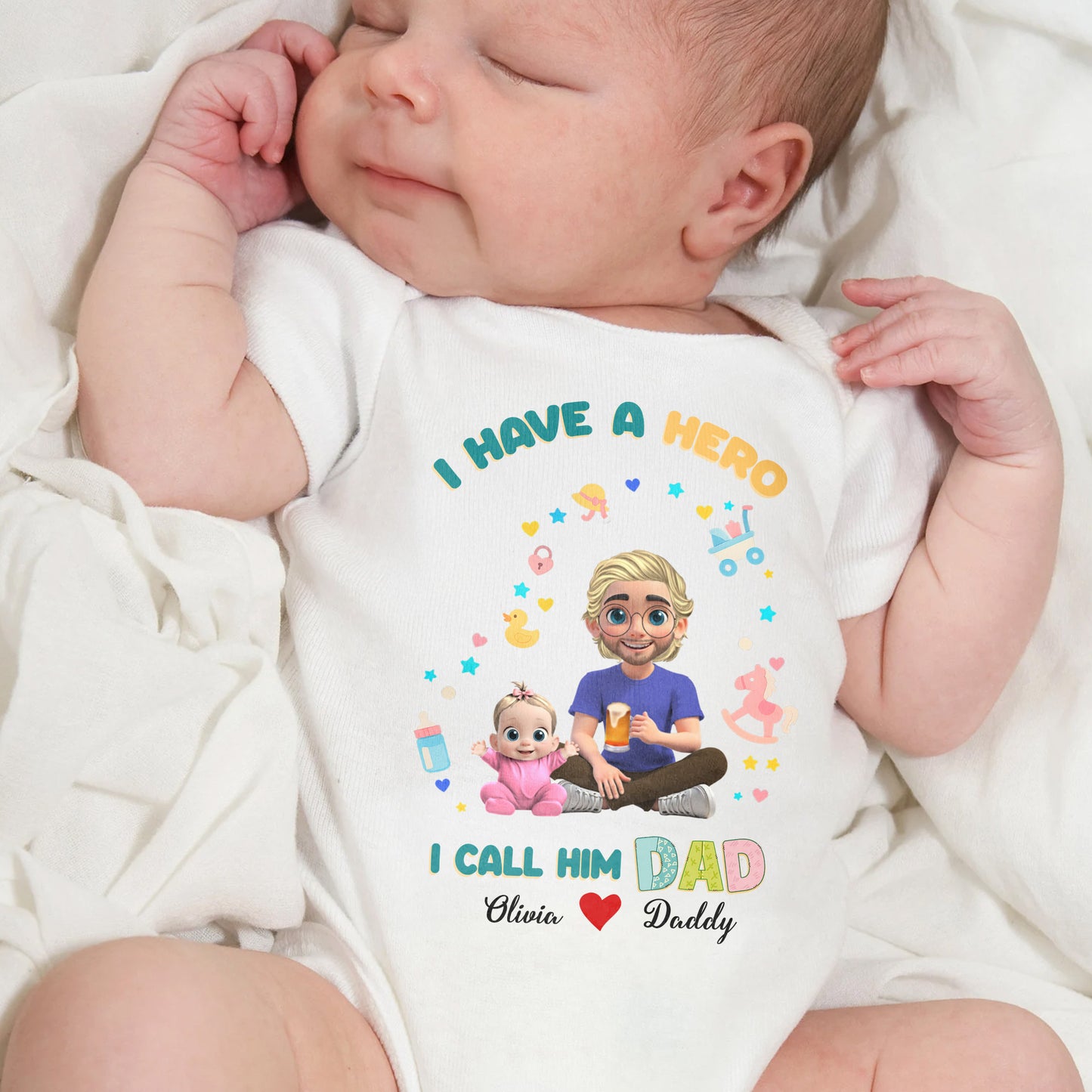 I Have A Hero I Call Him Dad, Cartoon Father And Little Girl - Personalized Custom Baby Onesie - KID064_ONES