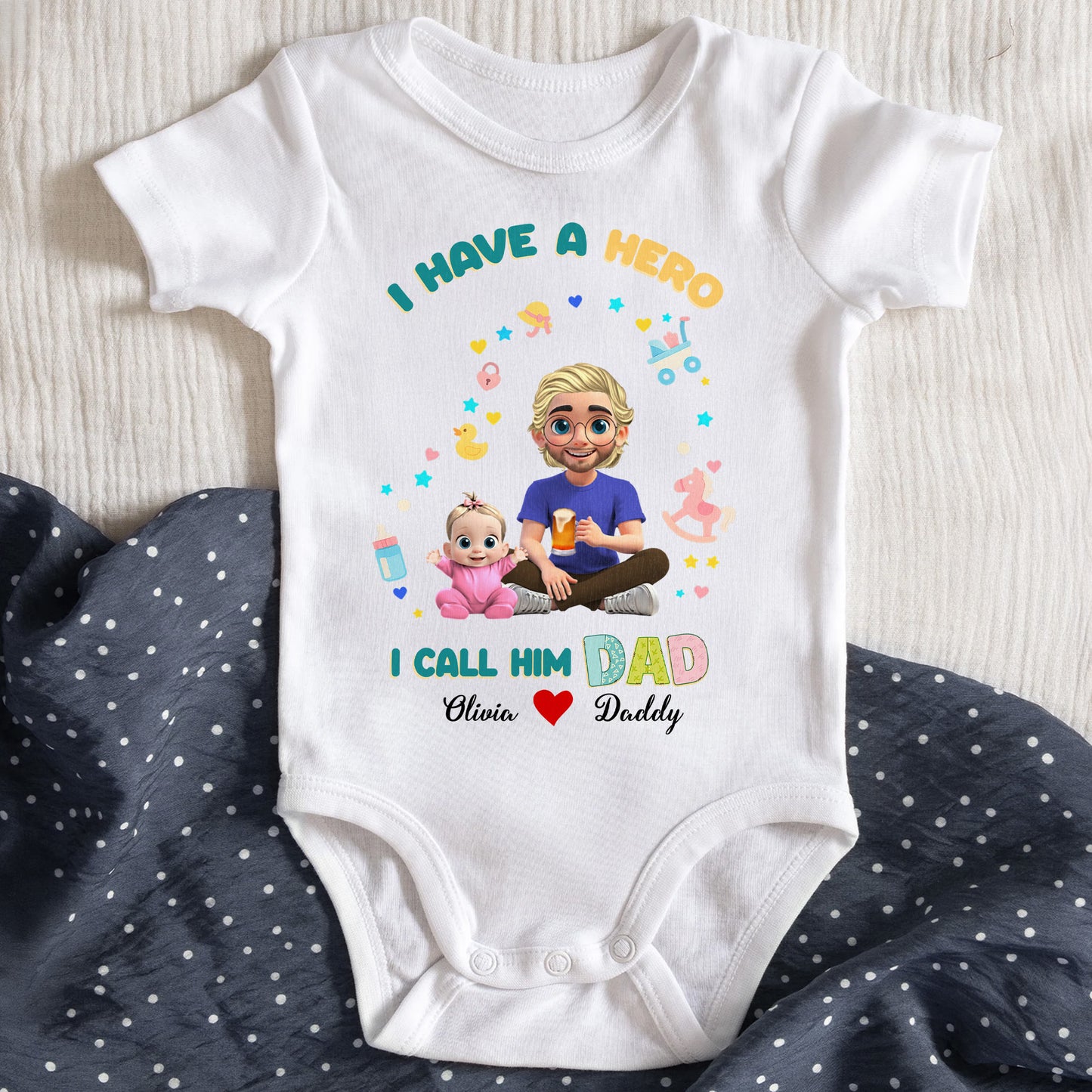 I Have A Hero I Call Him Dad, Cartoon Father And Little Girl - Personalized Custom Baby Onesie - KID064_ONES